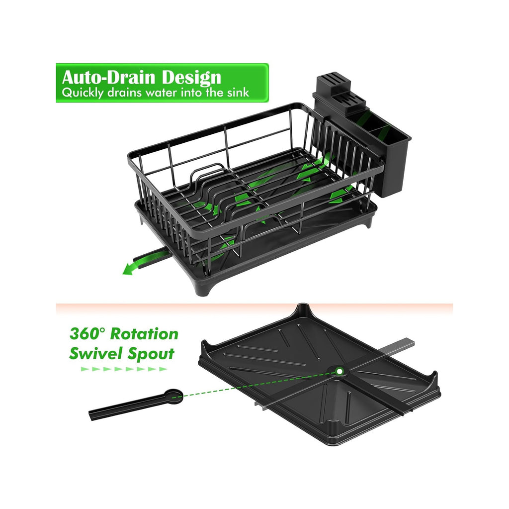 Dish Drying Rack - Space-Saving Small Dish Rack for Kitchen Counter, Rust-Resistant Kitchen Drying Rack, Compact Dish Drainer Organizer with Utensil Holder for Home Kitchen, Black