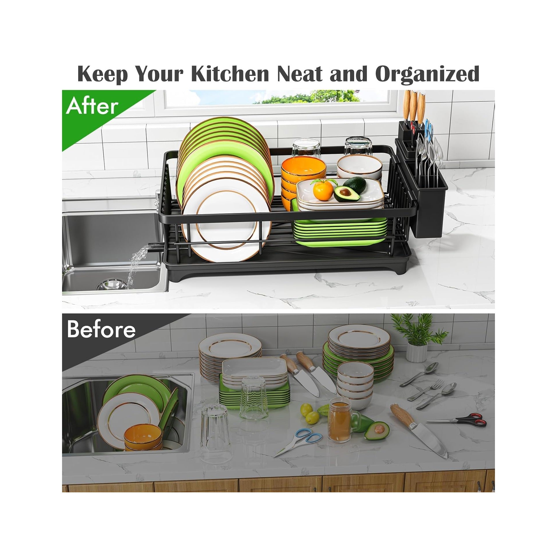 Dish Drying Rack - Space-Saving Small Dish Rack for Kitchen Counter, Rust-Resistant Kitchen Drying Rack, Compact Dish Drainer Organizer with Utensil Holder for Home Kitchen, Black