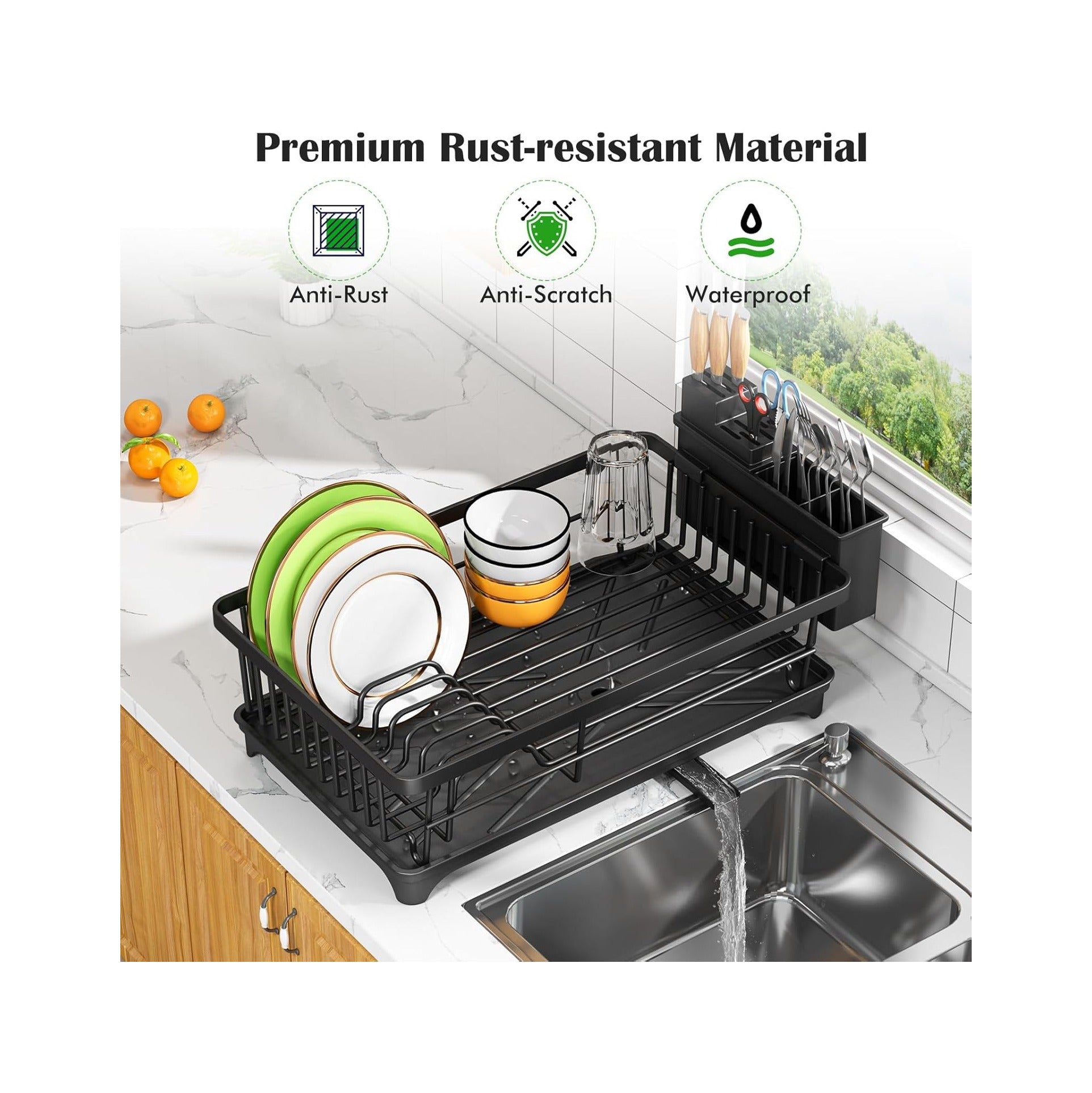 Dish Drying Rack - Space-Saving Small Dish Rack for Kitchen Counter, Rust-Resistant Kitchen Drying Rack, Compact Dish Drainer Organizer with Utensil Holder for Home Kitchen, Black
