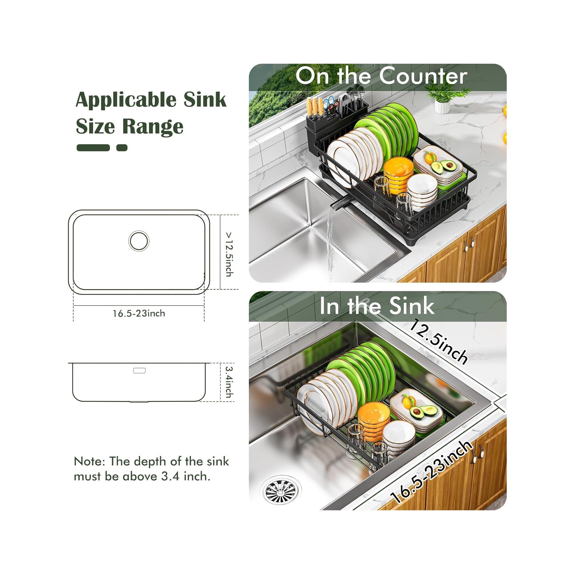 Dish Drying Rack - Space-Saving Small Dish Rack for Kitchen Counter, Rust-Resistant Kitchen Drying Rack, Compact Dish Drainer Organizer with Utensil Holder for Home Kitchen, Black