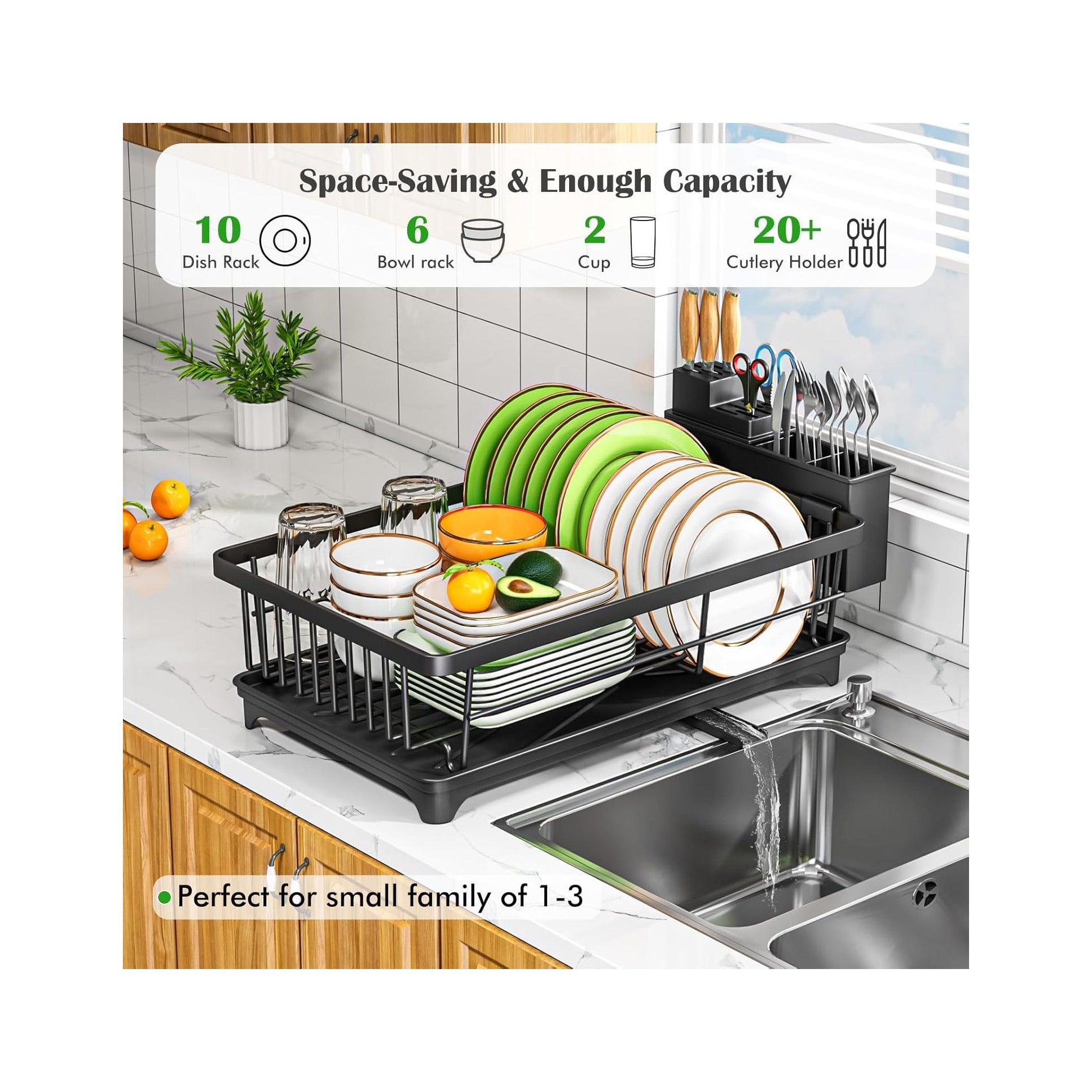 Dish Drying Rack - Space-Saving Small Dish Rack for Kitchen Counter, Rust-Resistant Kitchen Drying Rack, Compact Dish Drainer Organizer with Utensil Holder for Home Kitchen, Black