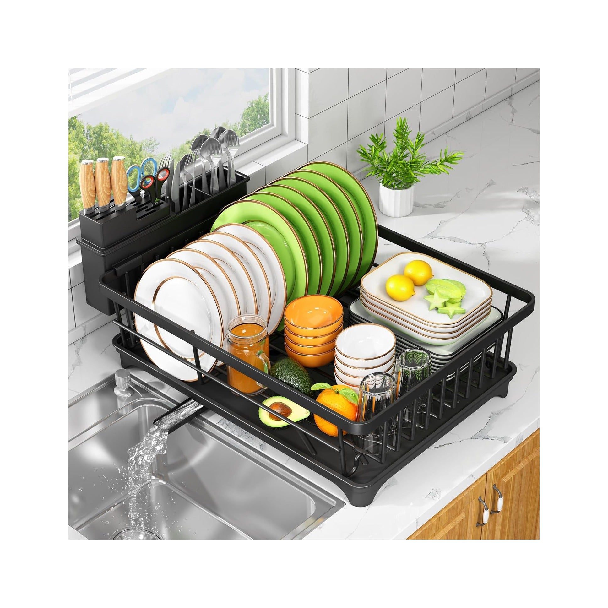 Dish Drying Rack - Space-Saving Small Dish Rack for Kitchen Counter, Rust-Resistant Kitchen Drying Rack, Compact Dish Drainer Organizer with Utensil Holder for Home Kitchen, Black