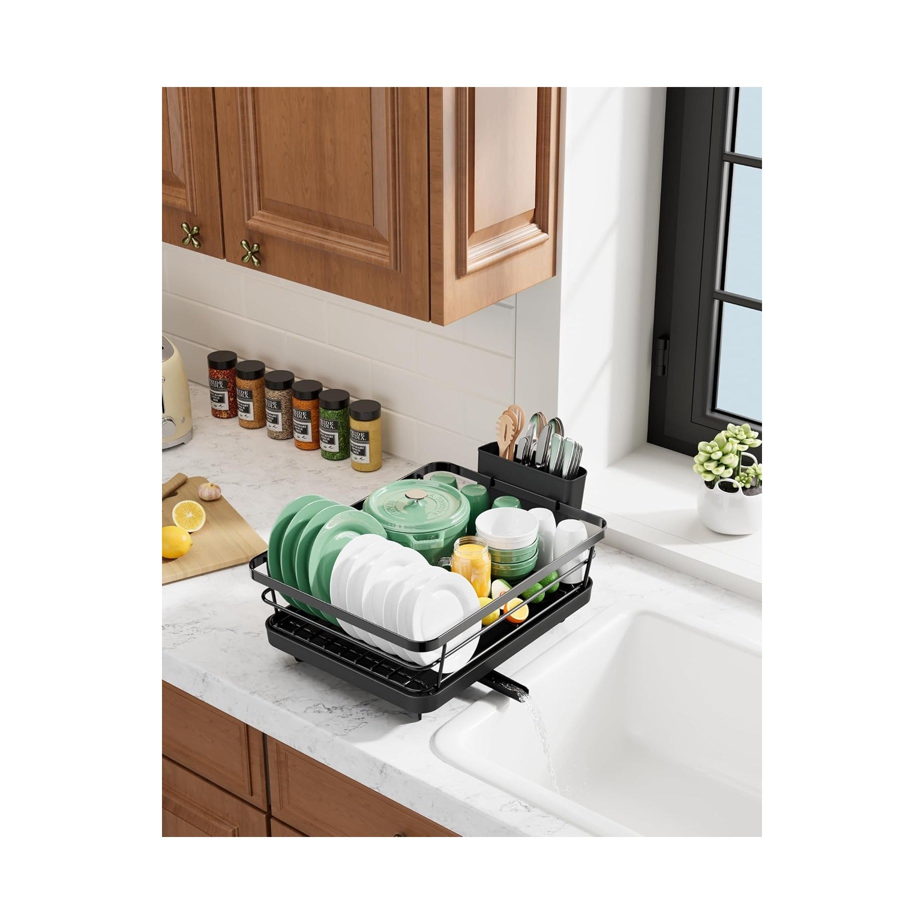 Dish Drying Rack for Kitchen Counter, Stainless Steel Sink Organization and Storage Essentials with Cutlery Holder, Home and Appartment Decor, , Black