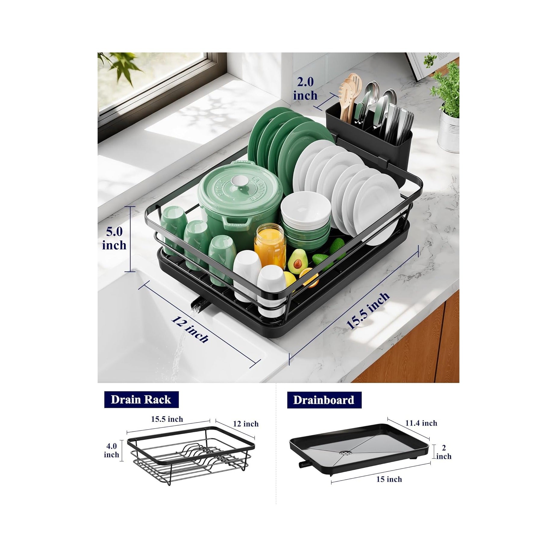 Dish Drying Rack for Kitchen Counter, Stainless Steel Sink Organization and Storage Essentials with Cutlery Holder, Home and Appartment Decor, , Black