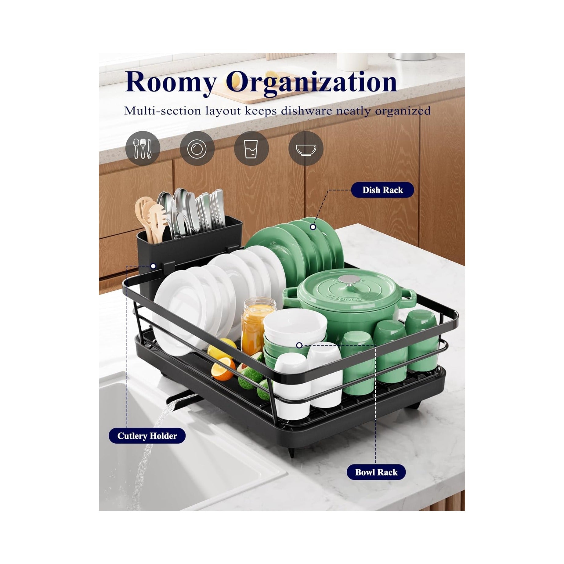 Dish Drying Rack for Kitchen Counter, Stainless Steel Sink Organization and Storage Essentials with Cutlery Holder, Home and Appartment Decor, , Black