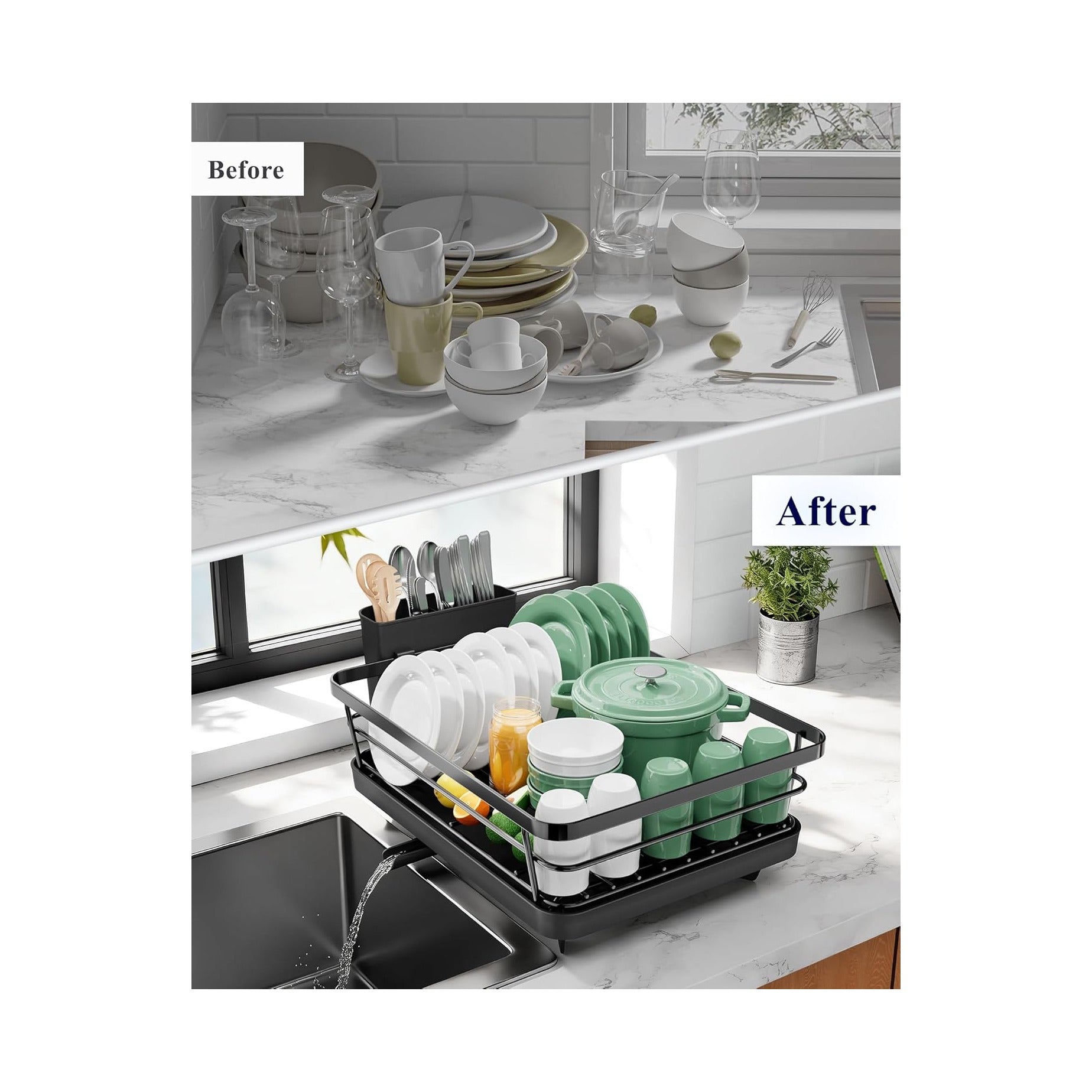 Dish Drying Rack for Kitchen Counter, Stainless Steel Sink Organization and Storage Essentials with Cutlery Holder, Home and Appartment Decor, , Black