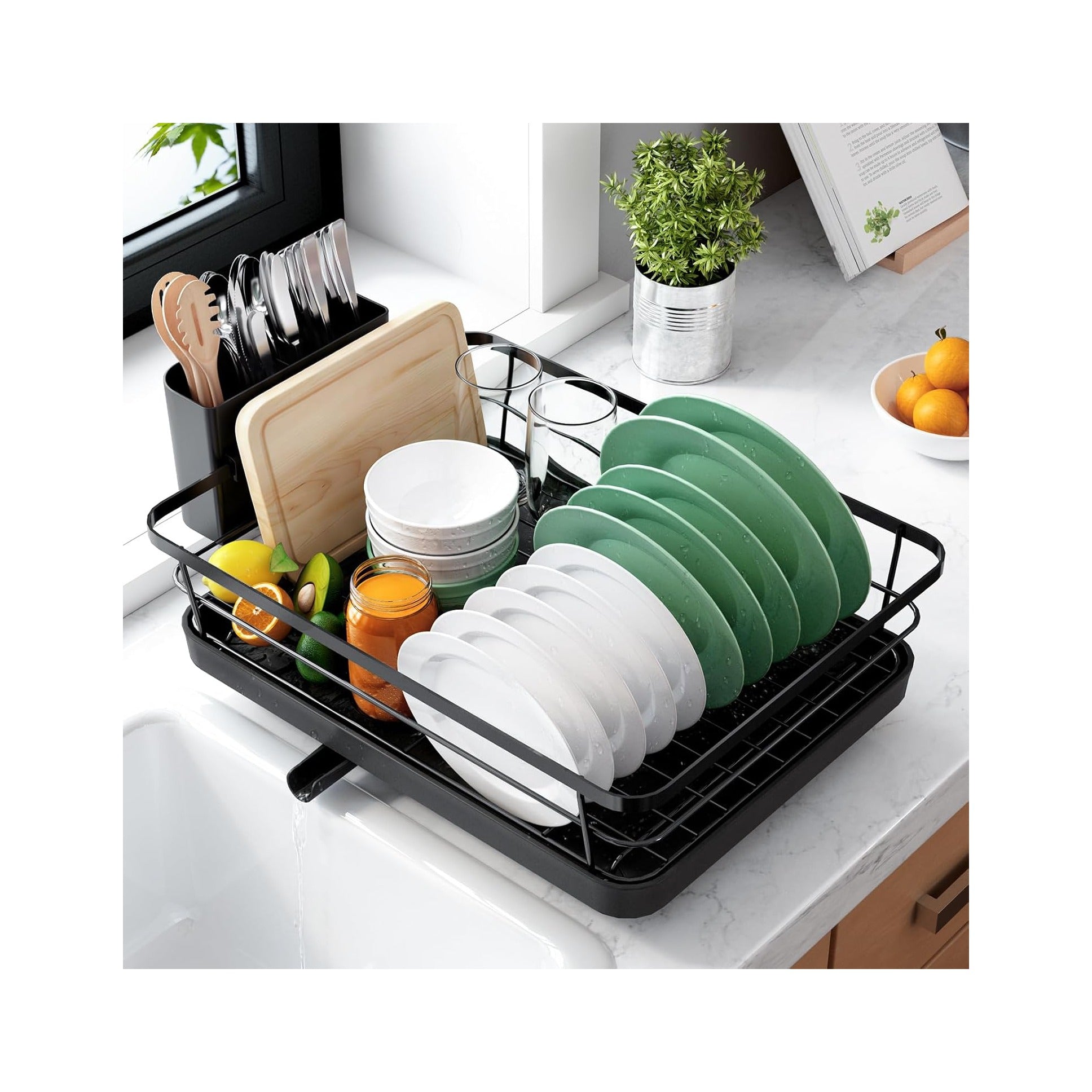Dish Drying Rack for Kitchen Counter, Stainless Steel Sink Organization and Storage Essentials with Cutlery Holder, Home and Appartment Decor, , Black