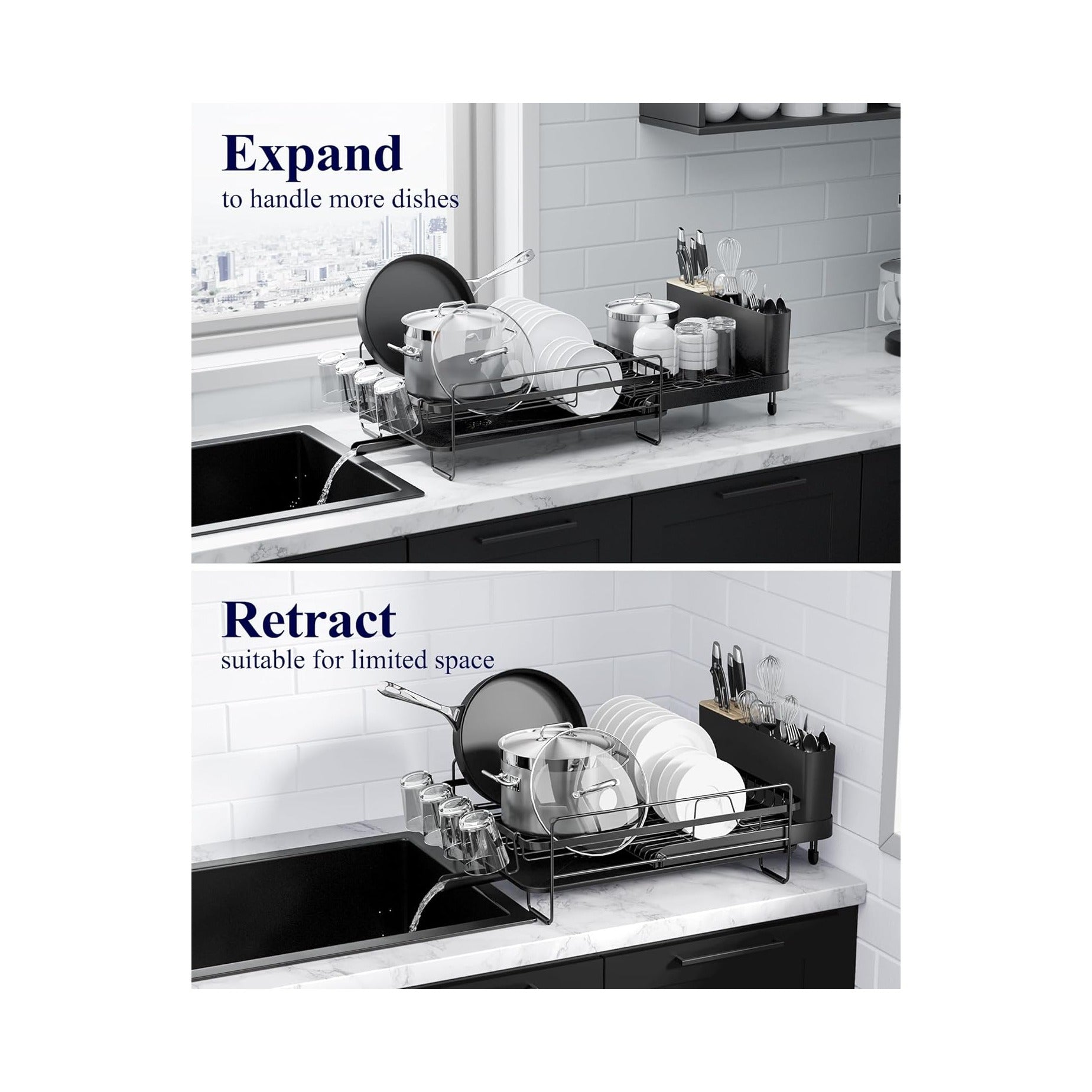 Large Dish Drying Rack - Extendable Dish Rack, Multifunctional Dish Rack for Kitchen Counter, Anti-Rust Dish Drainers with Cutlery & Cup Holders