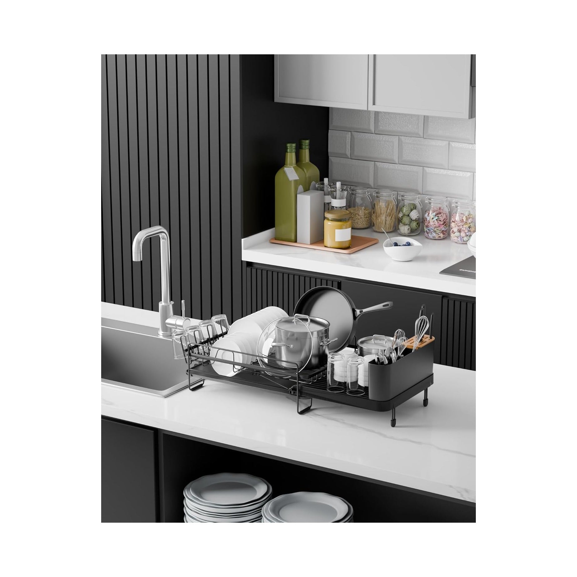 Large Dish Drying Rack - Extendable Dish Rack, Multifunctional Dish Rack for Kitchen Counter, Anti-Rust Dish Drainers with Cutlery & Cup Holders