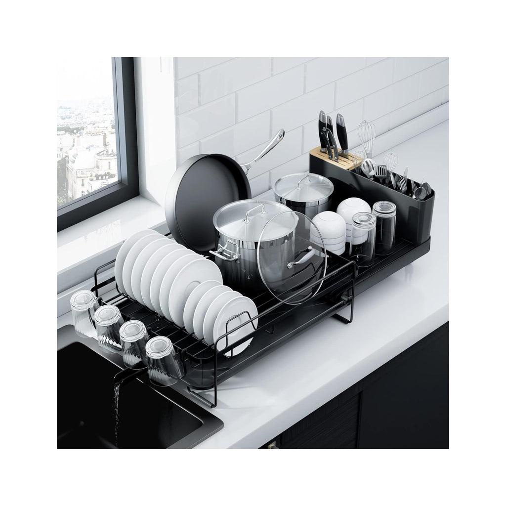 Large Dish Drying Rack - Extendable Dish Rack, Multifunctional Dish Rack for Kitchen Counter, Anti-Rust Dish Drainers with Cutlery & Cup Holders