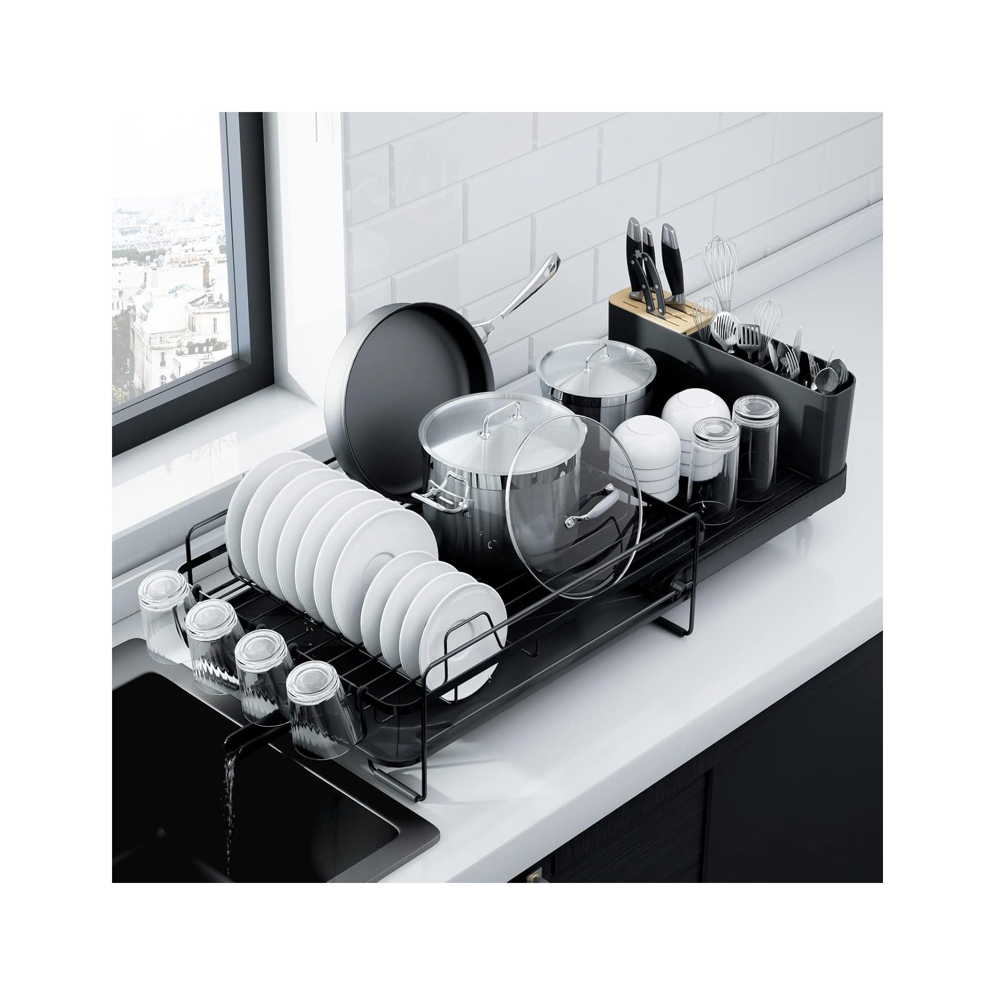 Large Dish Drying Rack - Extendable Dish Rack, Multifunctional Dish Rack for Kitchen Counter, Anti-Rust Dish Drainers with Cutlery & Cup Holders