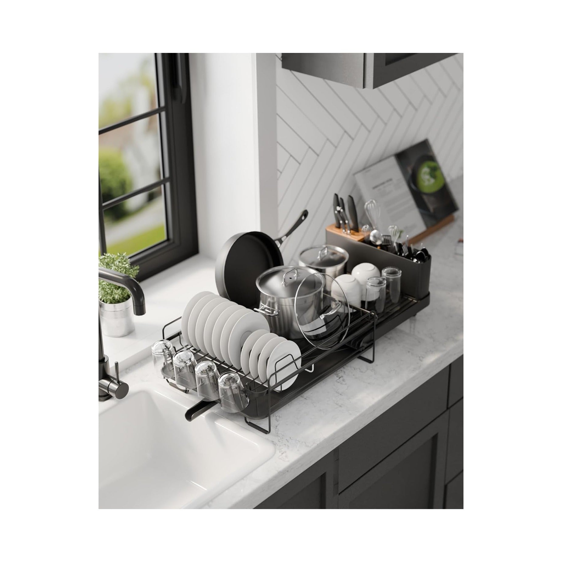 Large Dish Drying Rack - Extendable Dish Rack, Multifunctional Dish Rack for Kitchen Counter, Anti-Rust Dish Drainers with Cutlery & Cup Holders