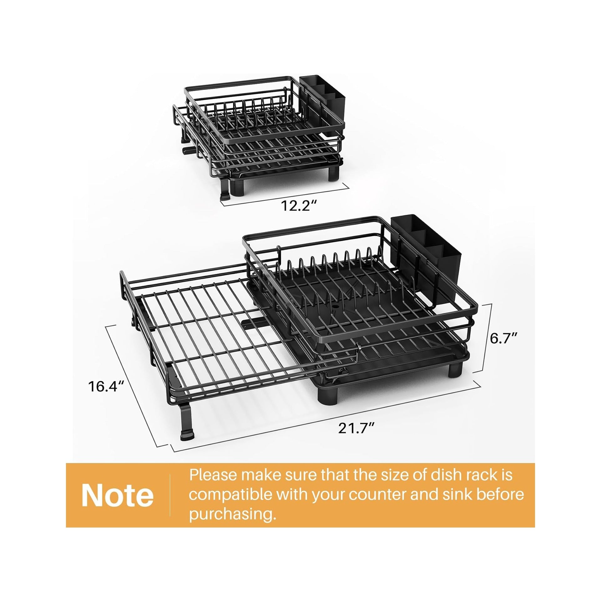 Dish Drying Rack - Extendable Dish Rack, Large Sink Drying Dish Drainer for Kitchen Counter, Stainless Steel Dish Strainer with Utensil Holder