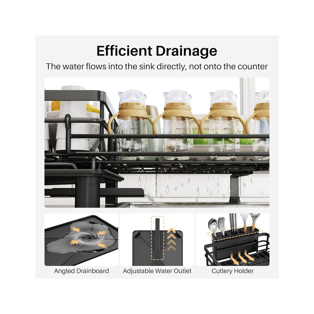 Dish Drying Rack - Extendable Dish Rack, Large Sink Drying Dish Drainer for Kitchen Counter, Stainless Steel Dish Strainer with Utensil Holder