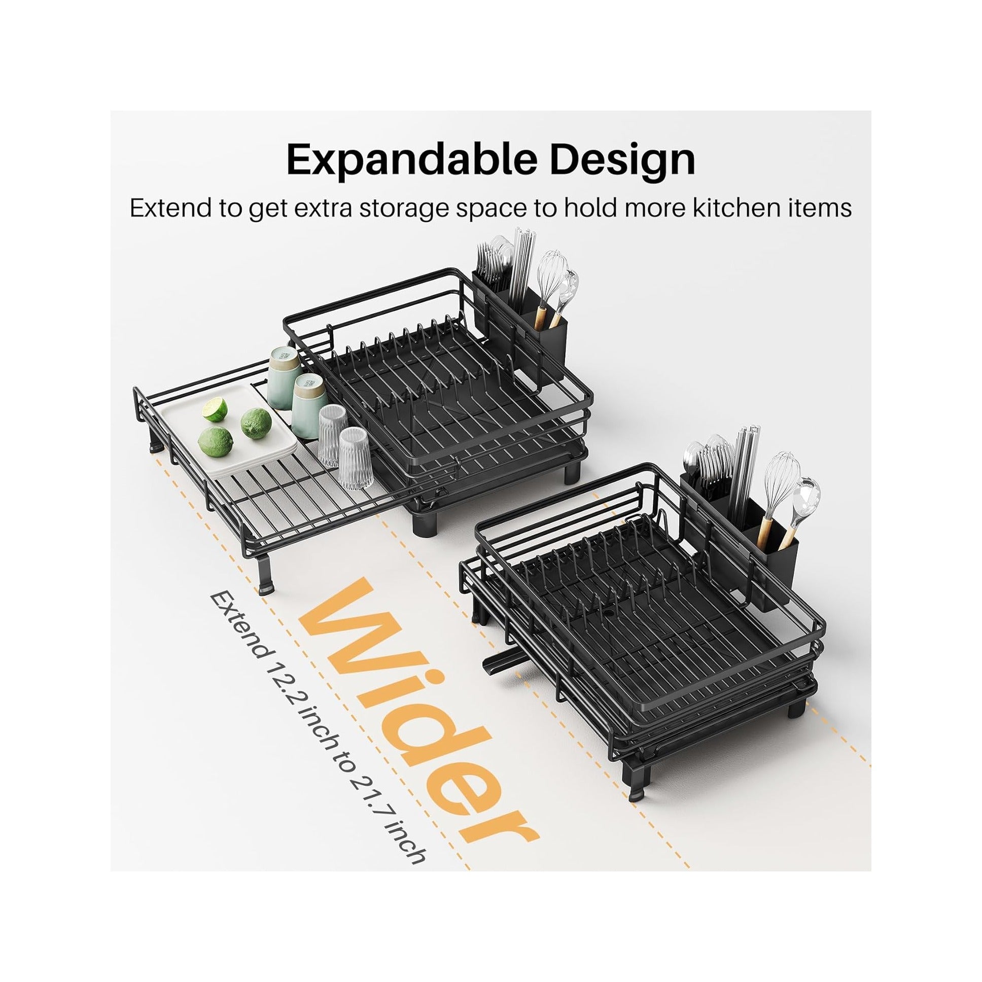 Dish Drying Rack - Extendable Dish Rack, Large Sink Drying Dish Drainer for Kitchen Counter, Stainless Steel Dish Strainer with Utensil Holder