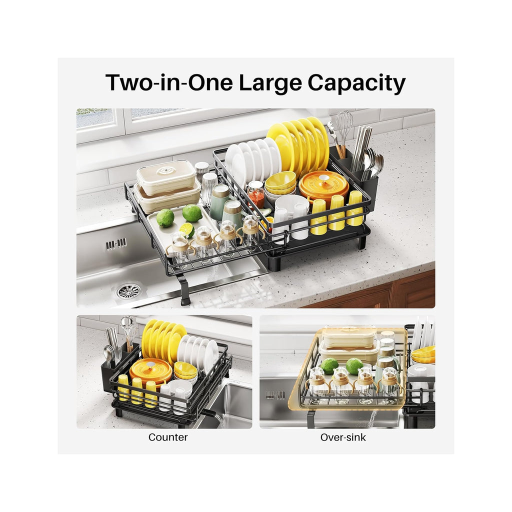 Dish Drying Rack - Extendable Dish Rack, Large Sink Drying Dish Drainer for Kitchen Counter, Stainless Steel Dish Strainer with Utensil Holder
