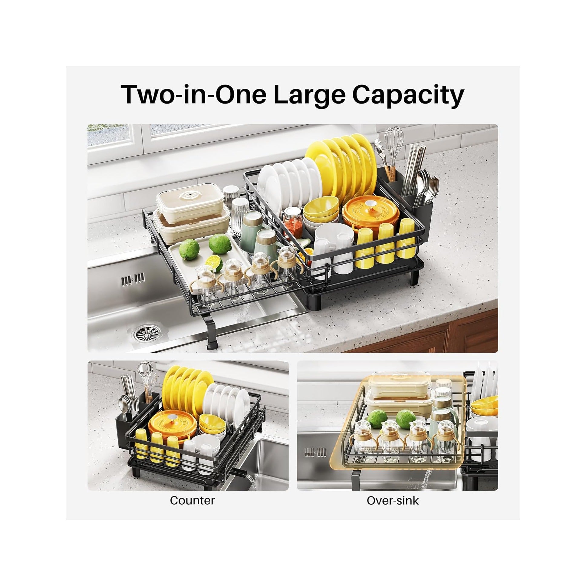 Dish Drying Rack - Extendable Dish Rack, Large Sink Drying Dish Drainer for Kitchen Counter, Stainless Steel Dish Strainer with Utensil Holder