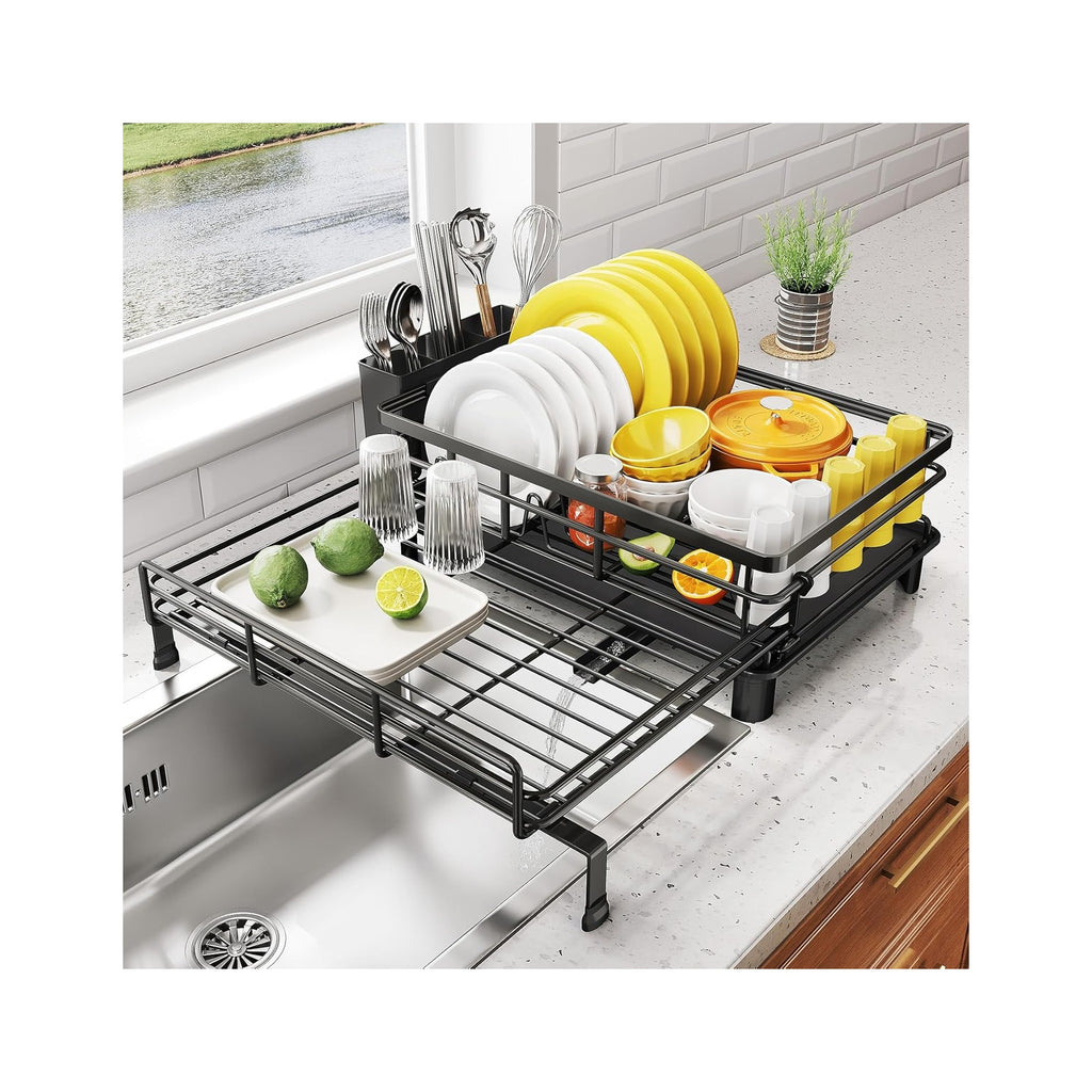 Dish Drying Rack - Extendable Dish Rack, Large Sink Drying Dish Drainer for Kitchen Counter, Stainless Steel Dish Strainer with Utensil Holder