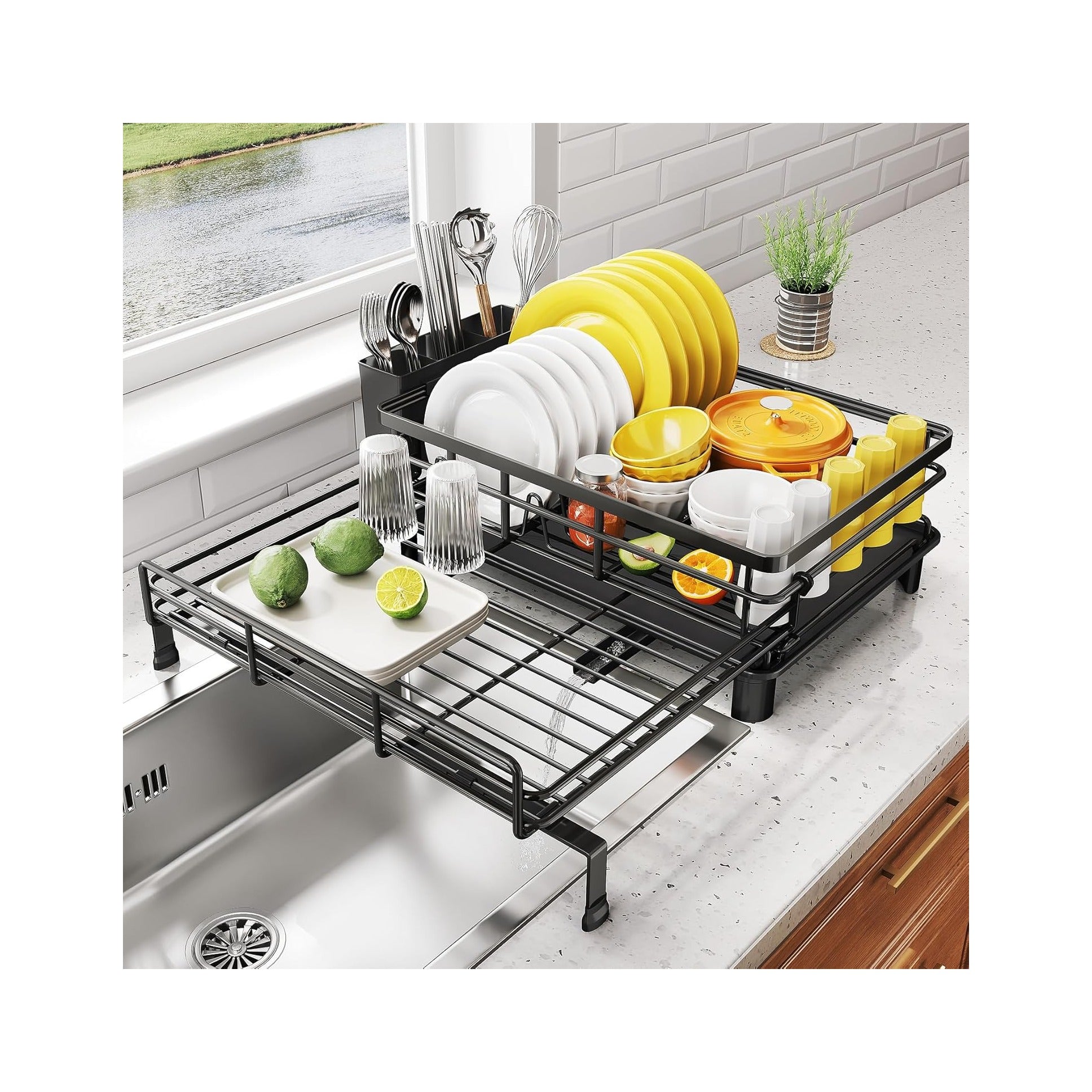 Dish Drying Rack - Extendable Dish Rack, Large Sink Drying Dish Drainer for Kitchen Counter, Stainless Steel Dish Strainer with Utensil Holder