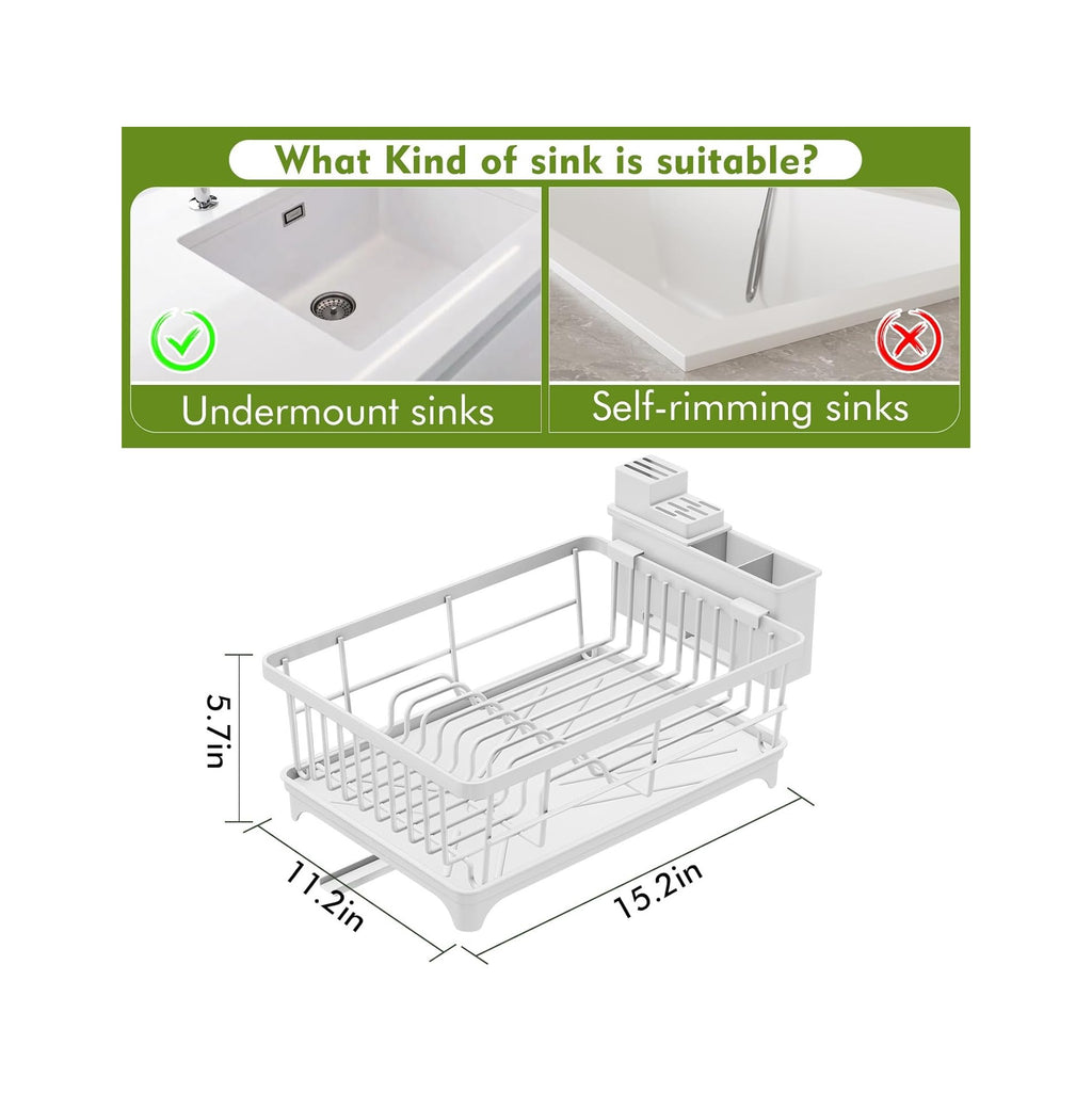 Dish Drying Rack - Space-Saving Small Dish Rack for Kitchen Counter, Rust-Resistant Kitchen Drying Rack, Compact Dish Drainer Organizer with Utensil Holder for Home Kitchen, White