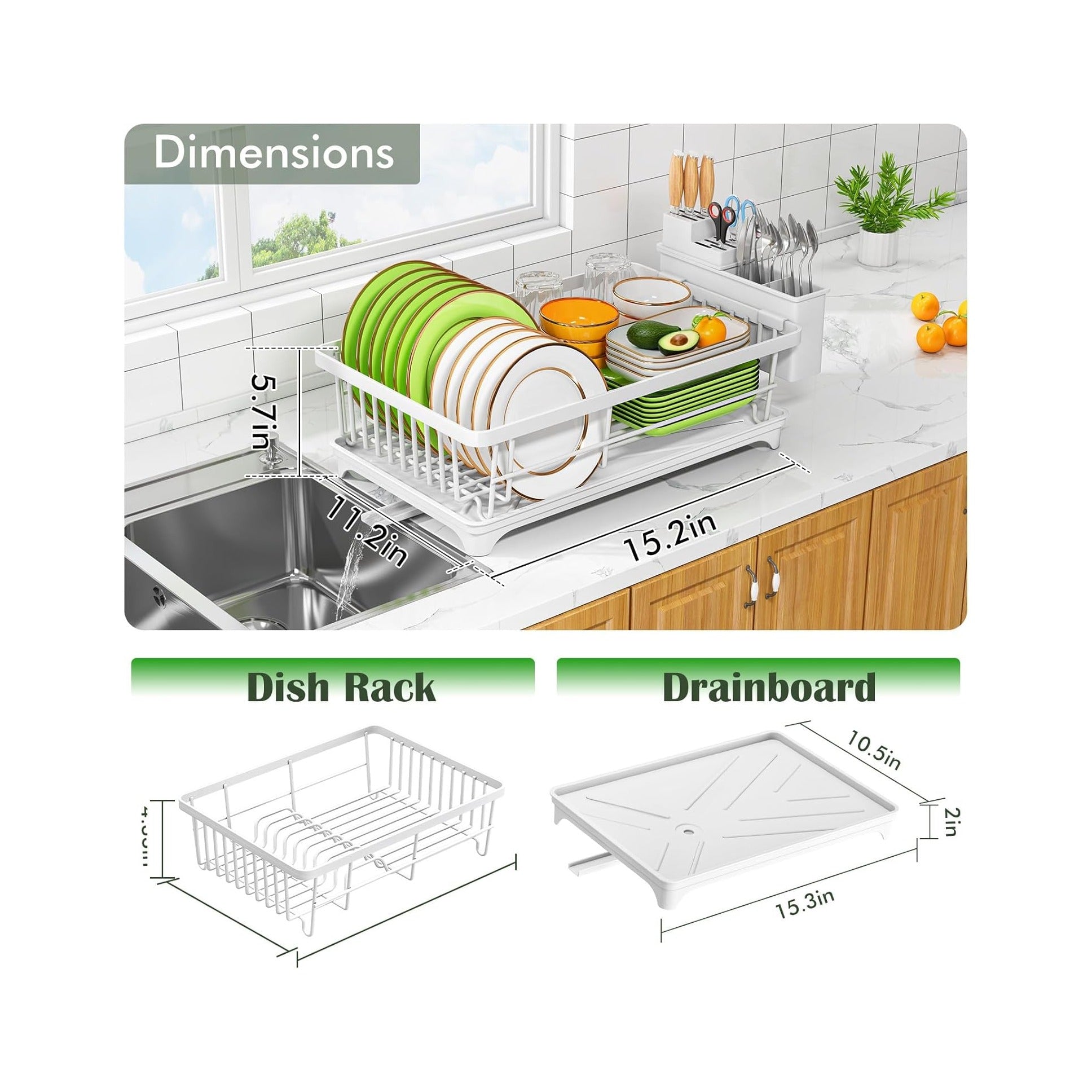 Dish Drying Rack - Space-Saving Small Dish Rack for Kitchen Counter, Rust-Resistant Kitchen Drying Rack, Compact Dish Drainer Organizer with Utensil Holder for Home Kitchen, White