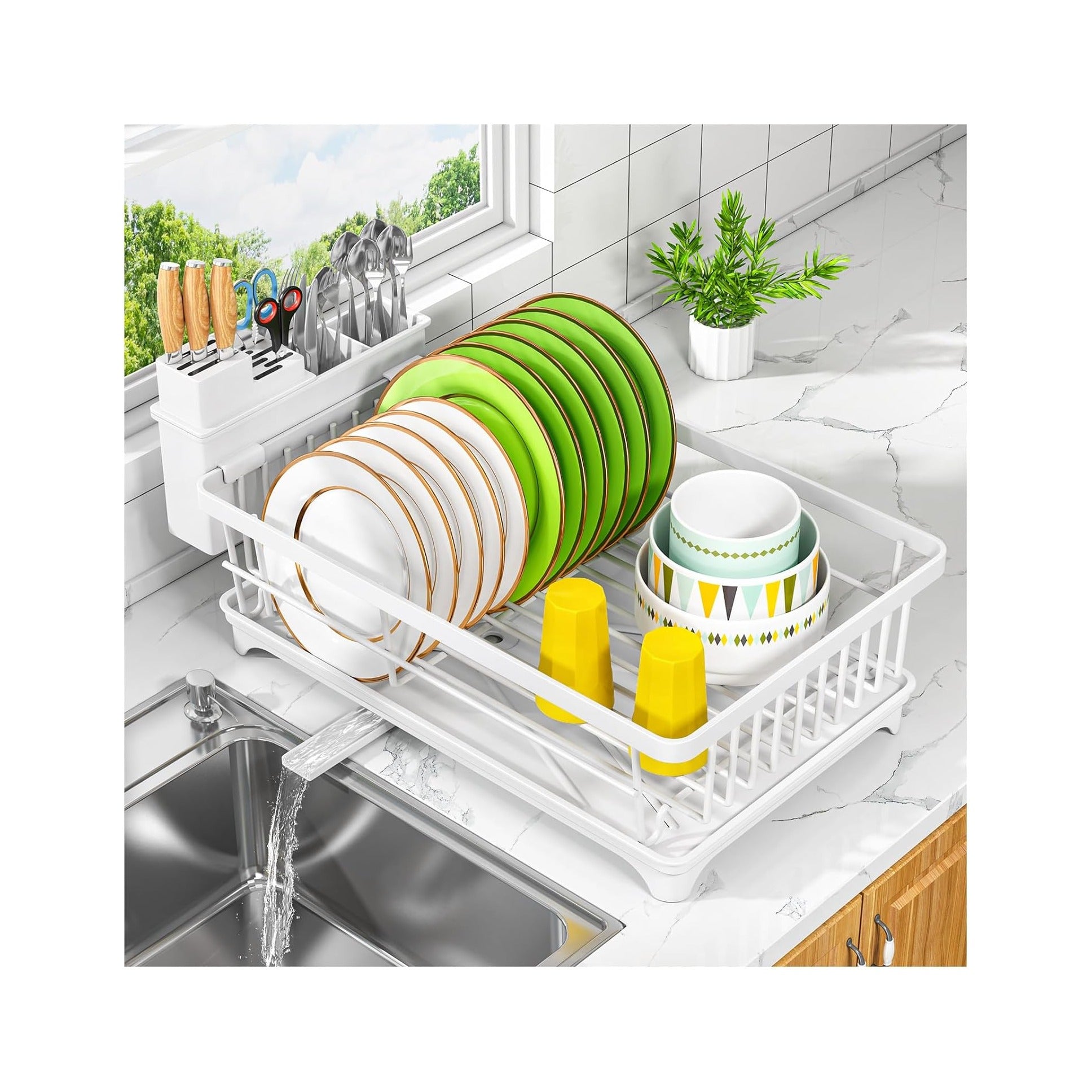 Dish Drying Rack - Space-Saving Small Dish Rack for Kitchen Counter, Rust-Resistant Kitchen Drying Rack, Compact Dish Drainer Organizer with Utensil Holder for Home Kitchen, White