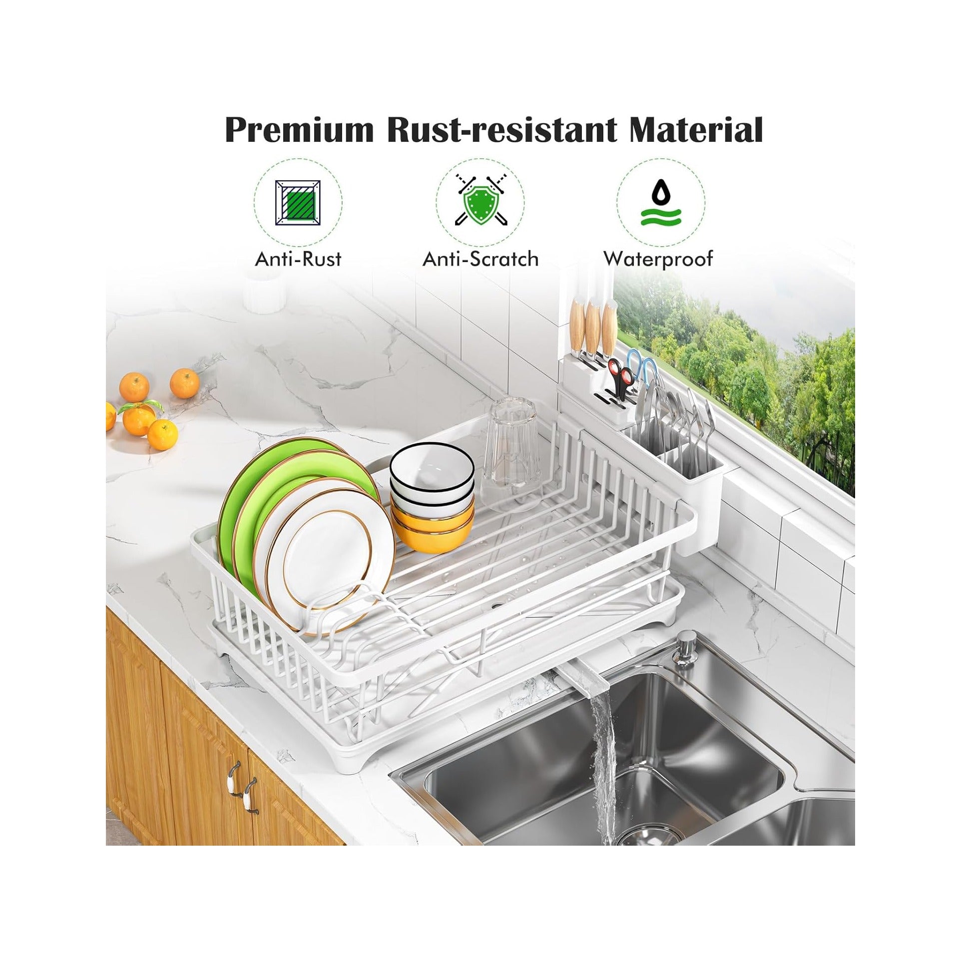 Dish Drying Rack - Space-Saving Small Dish Rack for Kitchen Counter, Rust-Resistant Kitchen Drying Rack, Compact Dish Drainer Organizer with Utensil Holder for Home Kitchen, White