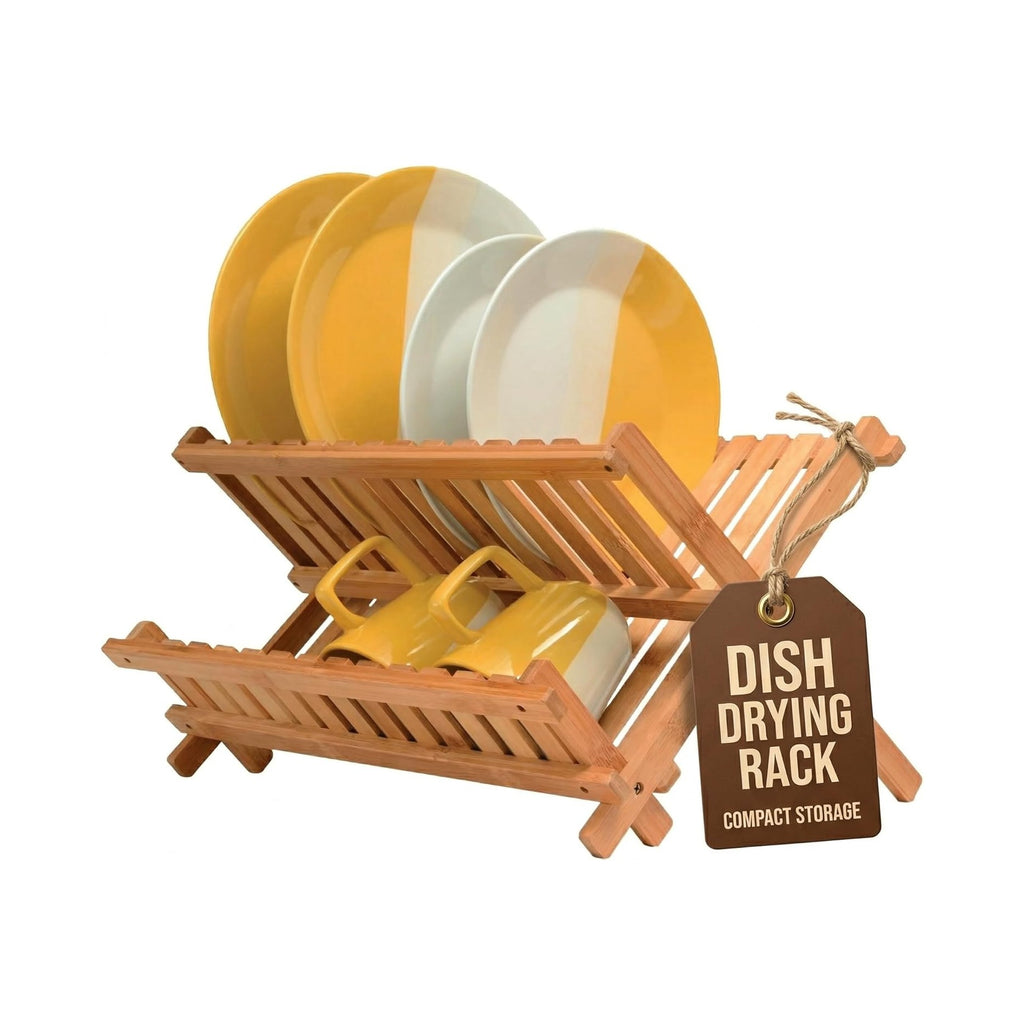 Dish Drying Rack - Collapsible Bamboo 2 Tier Foldable Wooden Dish Drainer for Countertop, Plates Cups Bowls Utensils, Eco Friendly Folding Bamboo Dish Rack for Kitchen Home