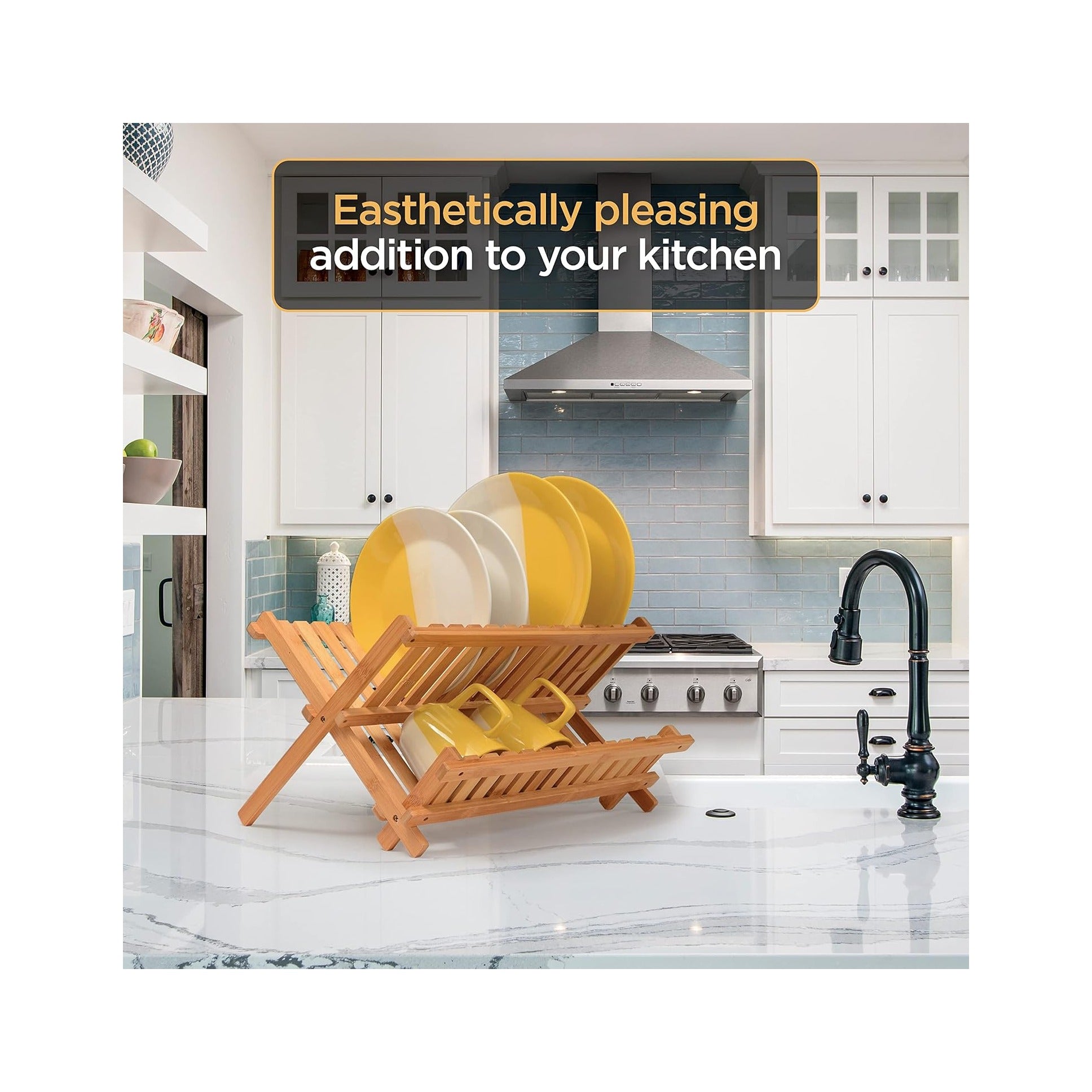 Dish Drying Rack - Collapsible Bamboo 2 Tier Foldable Wooden Dish Drainer for Countertop, Plates Cups Bowls Utensils, Eco Friendly Folding Bamboo Dish Rack for Kitchen Home