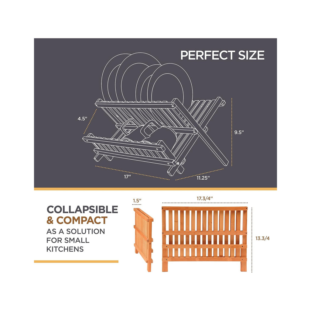 Dish Drying Rack - Collapsible Bamboo 2 Tier Foldable Wooden Dish Drainer for Countertop, Plates Cups Bowls Utensils, Eco Friendly Folding Bamboo Dish Rack for Kitchen Home