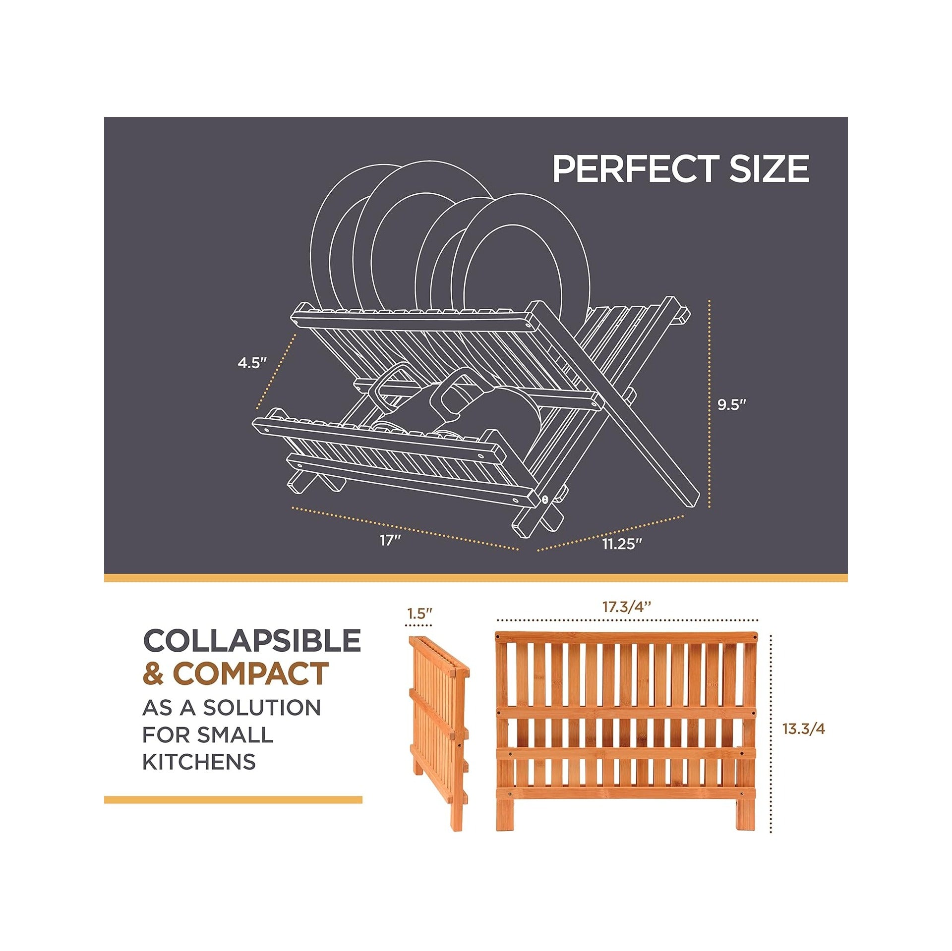 Dish Drying Rack - Collapsible Bamboo 2 Tier Foldable Wooden Dish Drainer for Countertop, Plates Cups Bowls Utensils, Eco Friendly Folding Bamboo Dish Rack for Kitchen Home