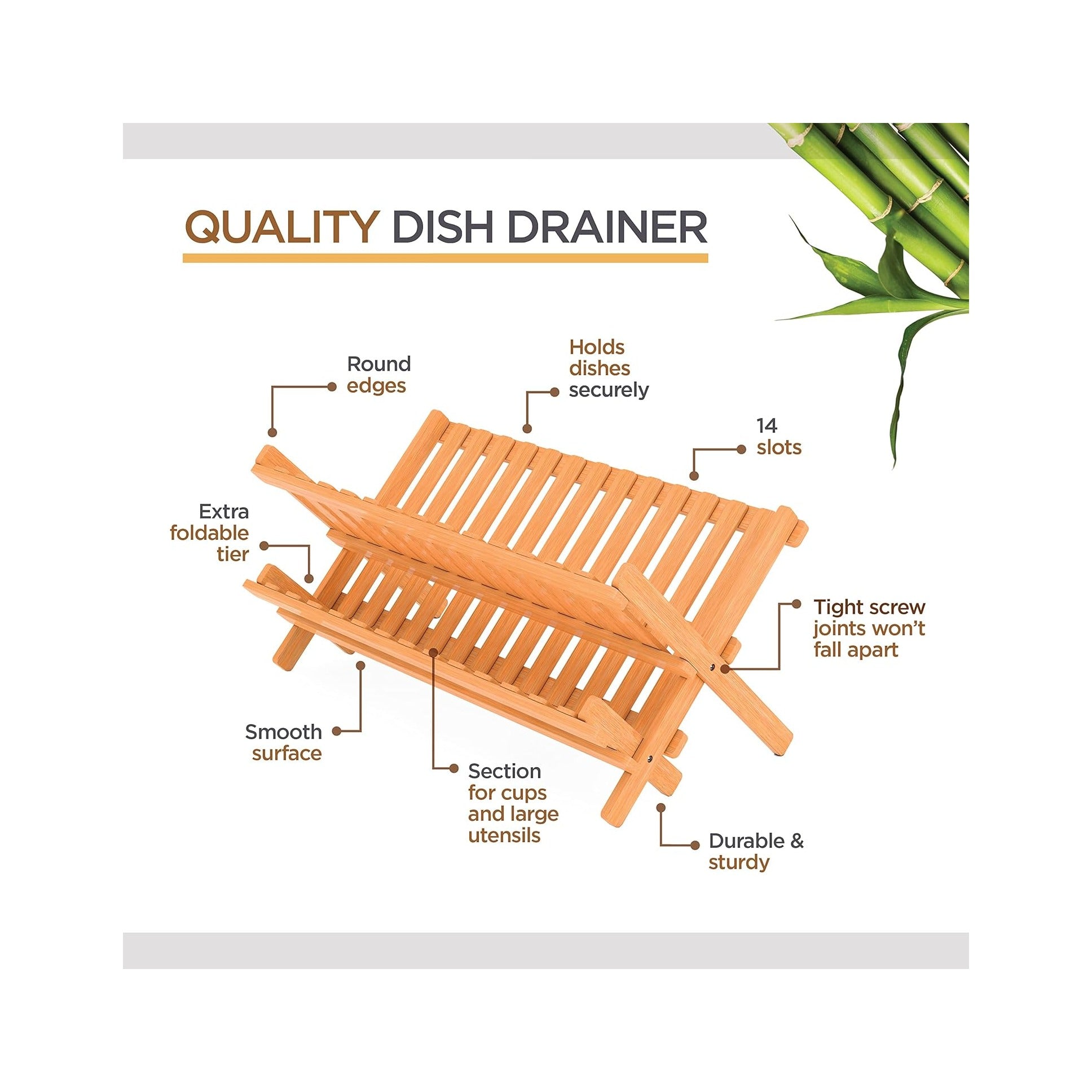 Dish Drying Rack - Collapsible Bamboo 2 Tier Foldable Wooden Dish Drainer for Countertop, Plates Cups Bowls Utensils, Eco Friendly Folding Bamboo Dish Rack for Kitchen Home
