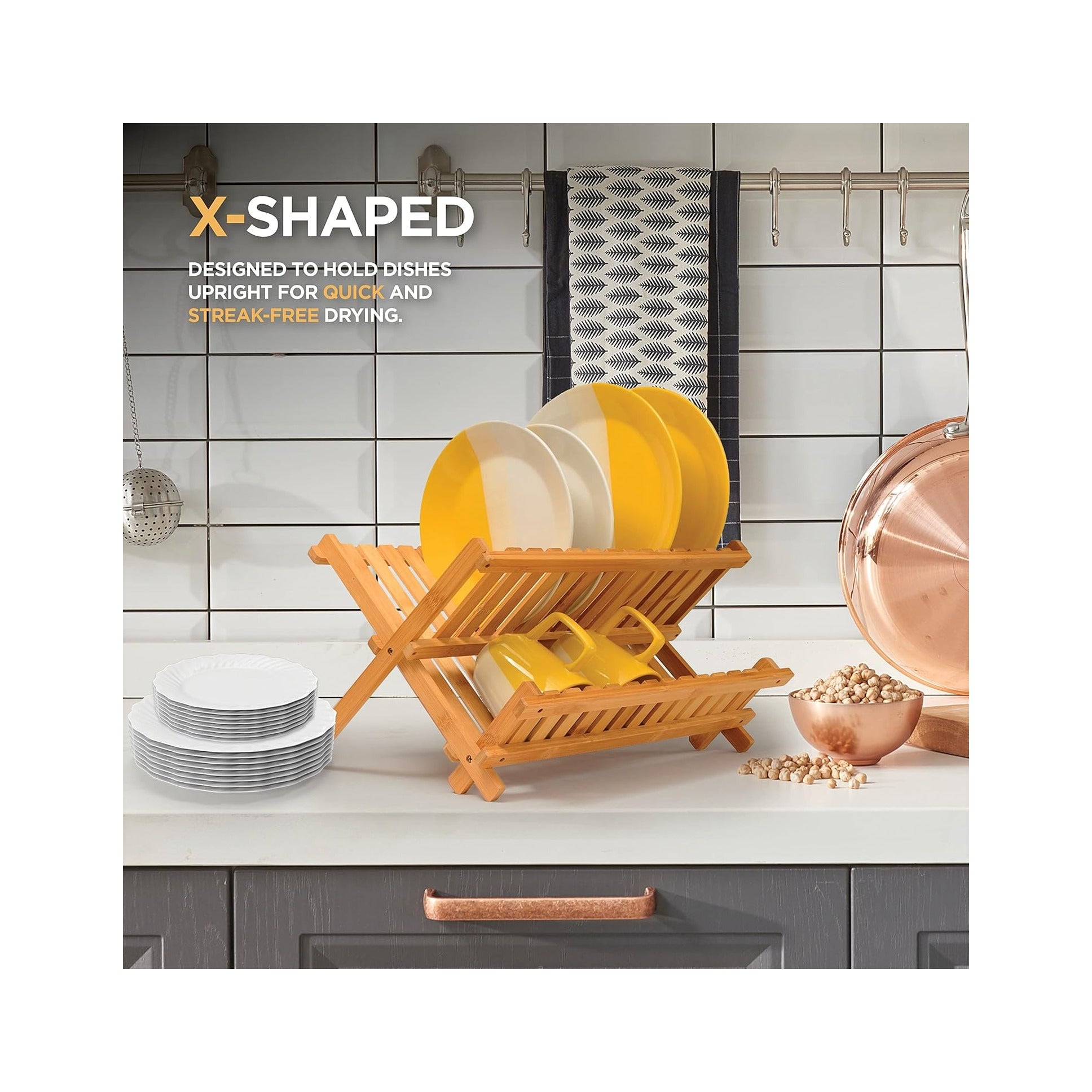 Dish Drying Rack - Collapsible Bamboo 2 Tier Foldable Wooden Dish Drainer for Countertop, Plates Cups Bowls Utensils, Eco Friendly Folding Bamboo Dish Rack for Kitchen Home