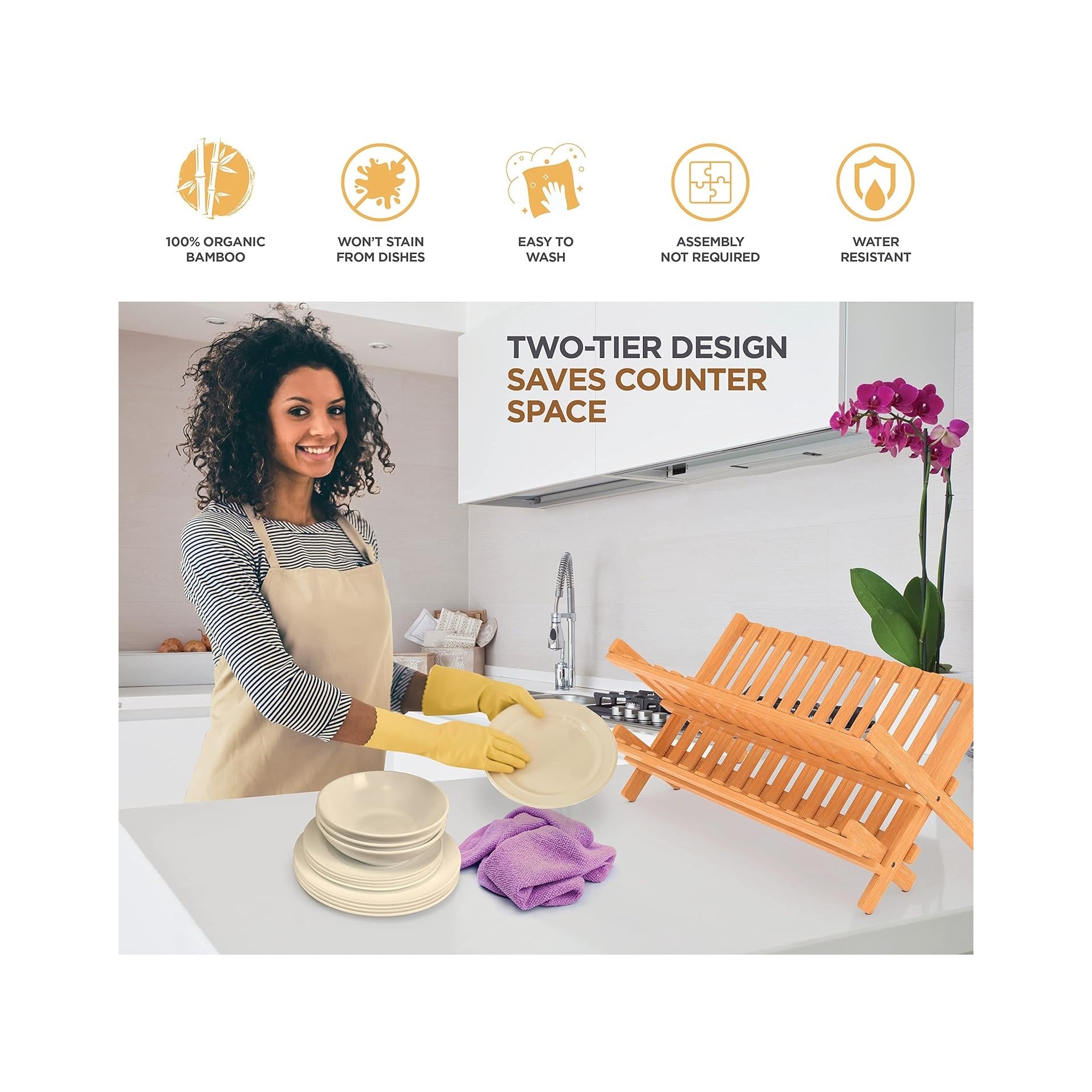 Dish Drying Rack - Collapsible Bamboo 2 Tier Foldable Wooden Dish Drainer for Countertop, Plates Cups Bowls Utensils, Eco Friendly Folding Bamboo Dish Rack for Kitchen Home