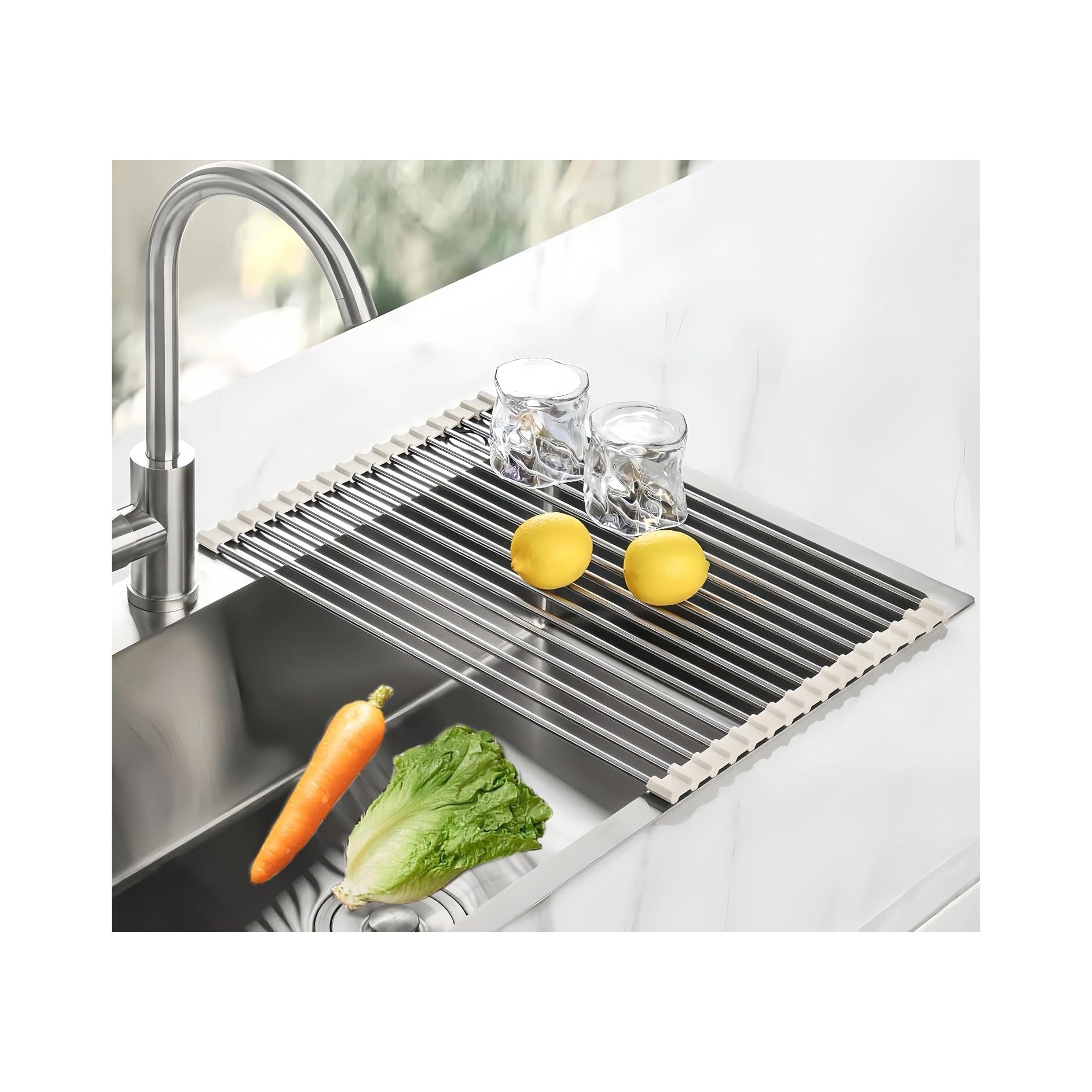 Roll Up Dish Drying Rack, 17.7" x 11.8" Over The Sink Dish Drying Rack, Kitchen Dish Rack Foldable Dish Drainer, Stainless Steel Dish Drying Rack for Kitchen Sink Counter Storage