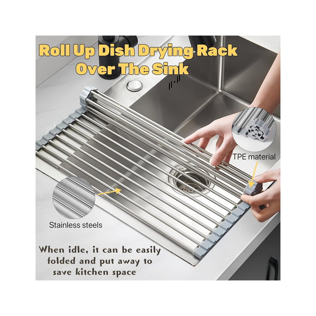 Roll Up Dish Drying Rack, 17.7" x 11.8" Over The Sink Dish Drying Rack, Kitchen Dish Rack Foldable Dish Drainer, Stainless Steel Dish Drying Rack for Kitchen Sink Counter Storage