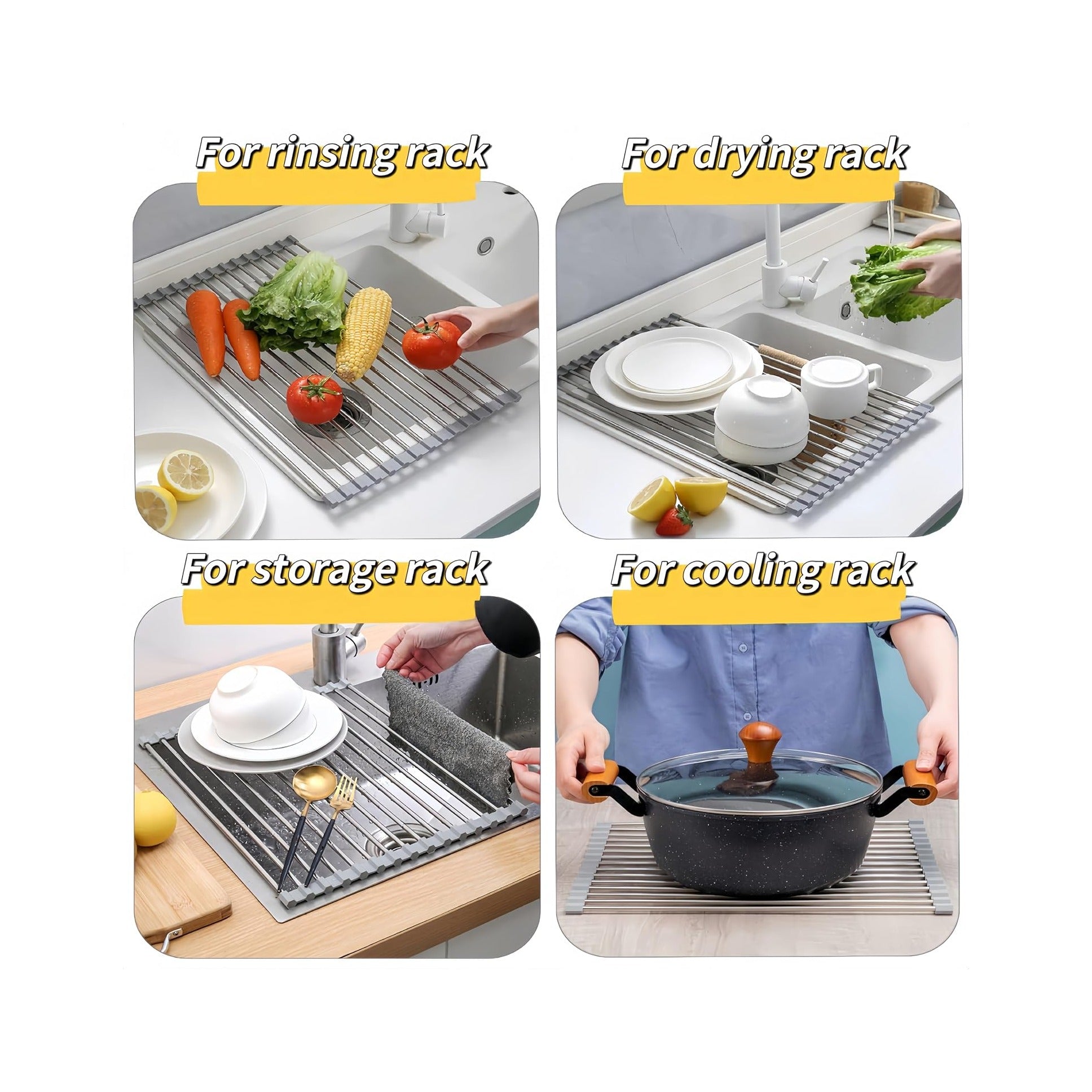 Roll Up Dish Drying Rack, 17.7" x 11.8" Over The Sink Dish Drying Rack, Kitchen Dish Rack Foldable Dish Drainer, Stainless Steel Dish Drying Rack for Kitchen Sink Counter Storage