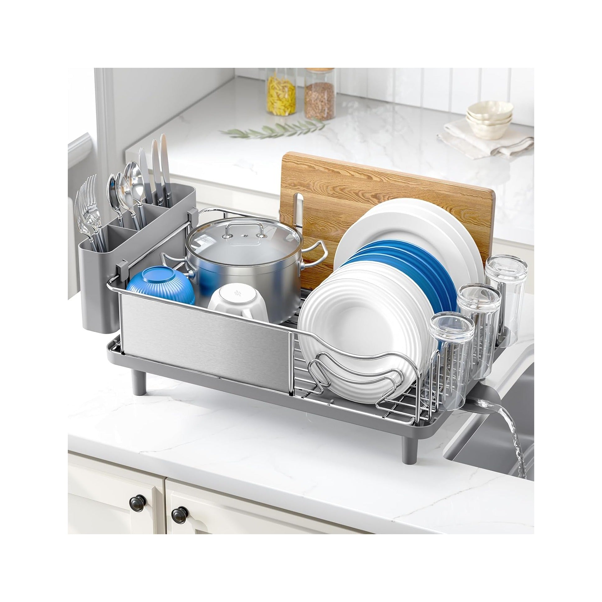 Stainless Steel Dish Drying Rack - Large Capacity Kitchen Counter Organizer with Drain Board, Utensil Holder & Detachable Cup Shelf, 304 Surgical-Grade Rust-Proof Dish Drainer, Easy Assembly