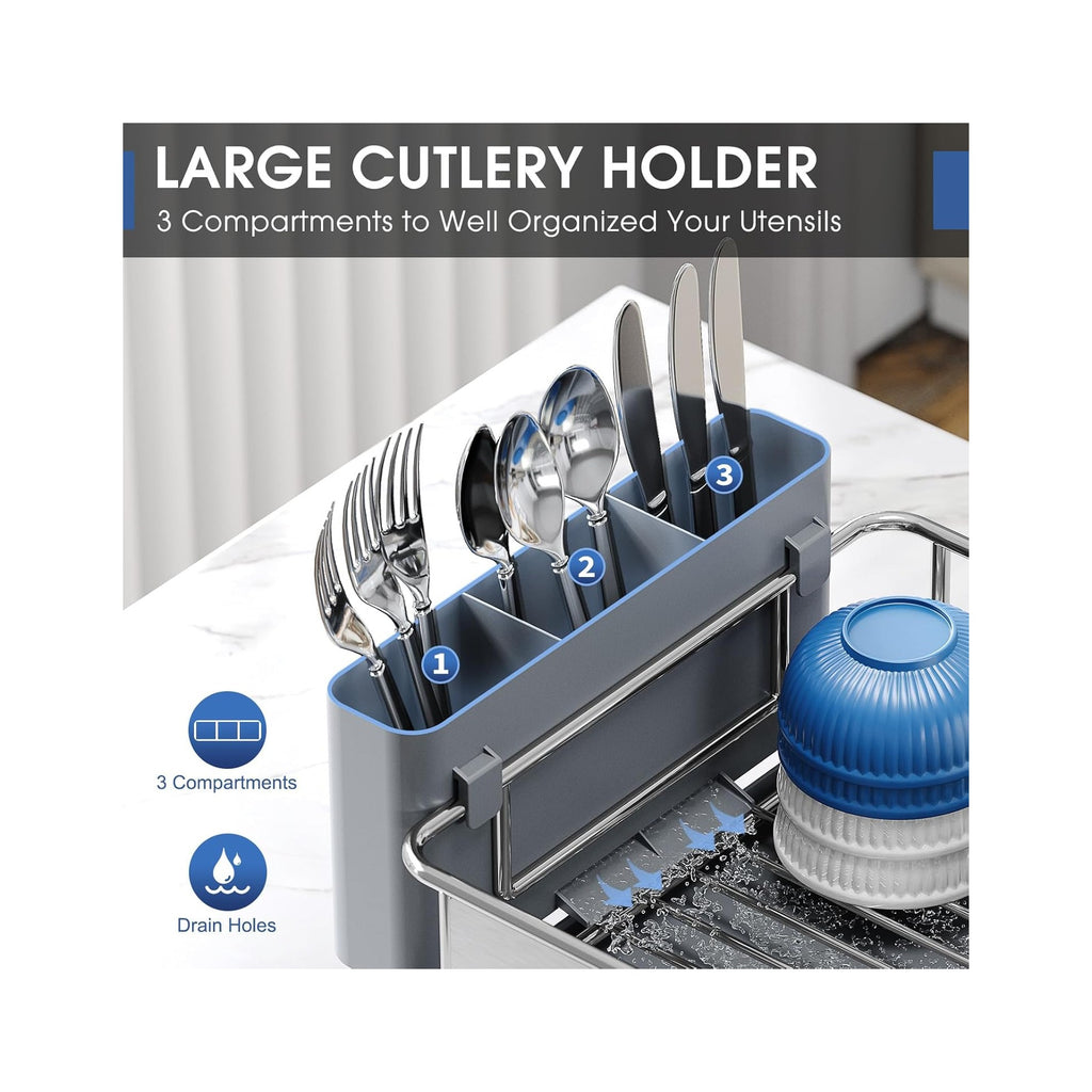 Stainless Steel Dish Drying Rack - Large Capacity Kitchen Counter Organizer with Drain Board, Utensil Holder & Detachable Cup Shelf, 304 Surgical-Grade Rust-Proof Dish Drainer, Easy Assembly
