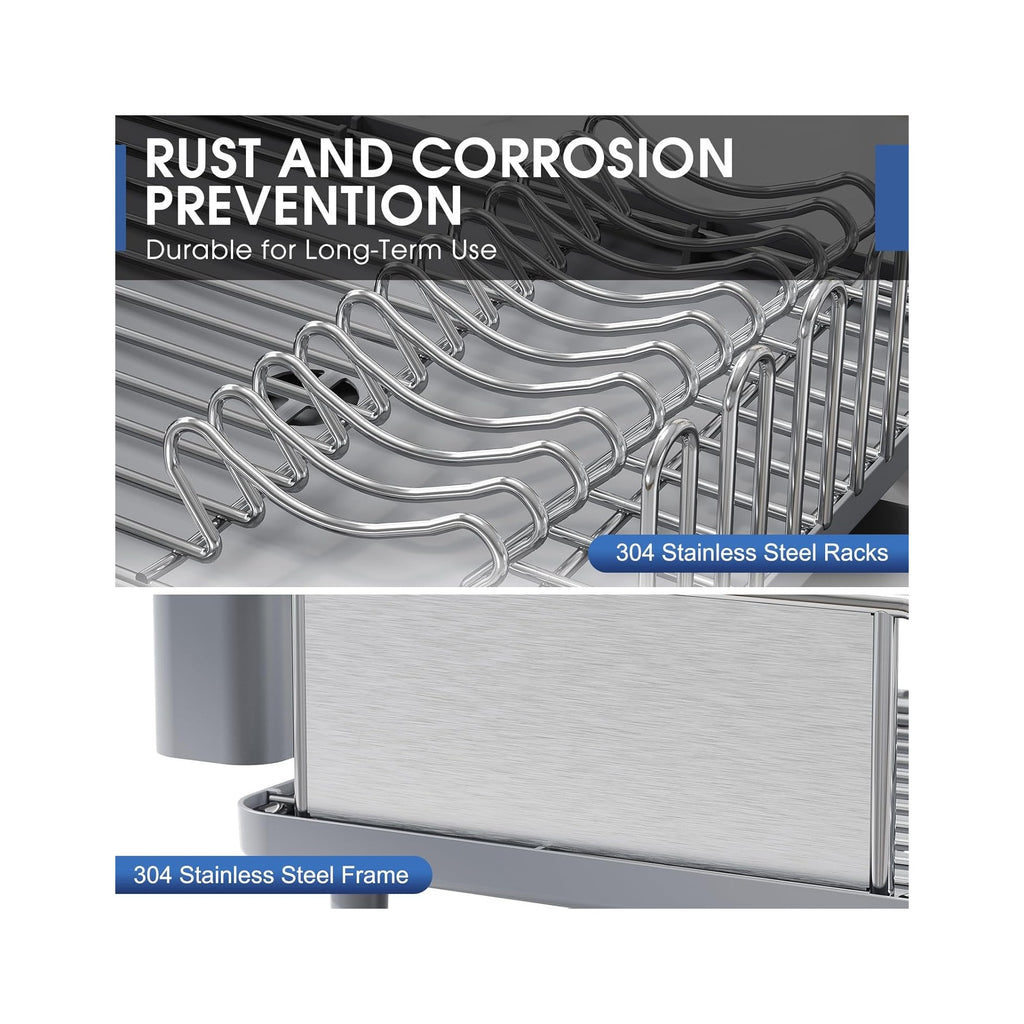 Stainless Steel Dish Drying Rack - Large Capacity Kitchen Counter Organizer with Drain Board, Utensil Holder & Detachable Cup Shelf, 304 Surgical-Grade Rust-Proof Dish Drainer, Easy Assembly