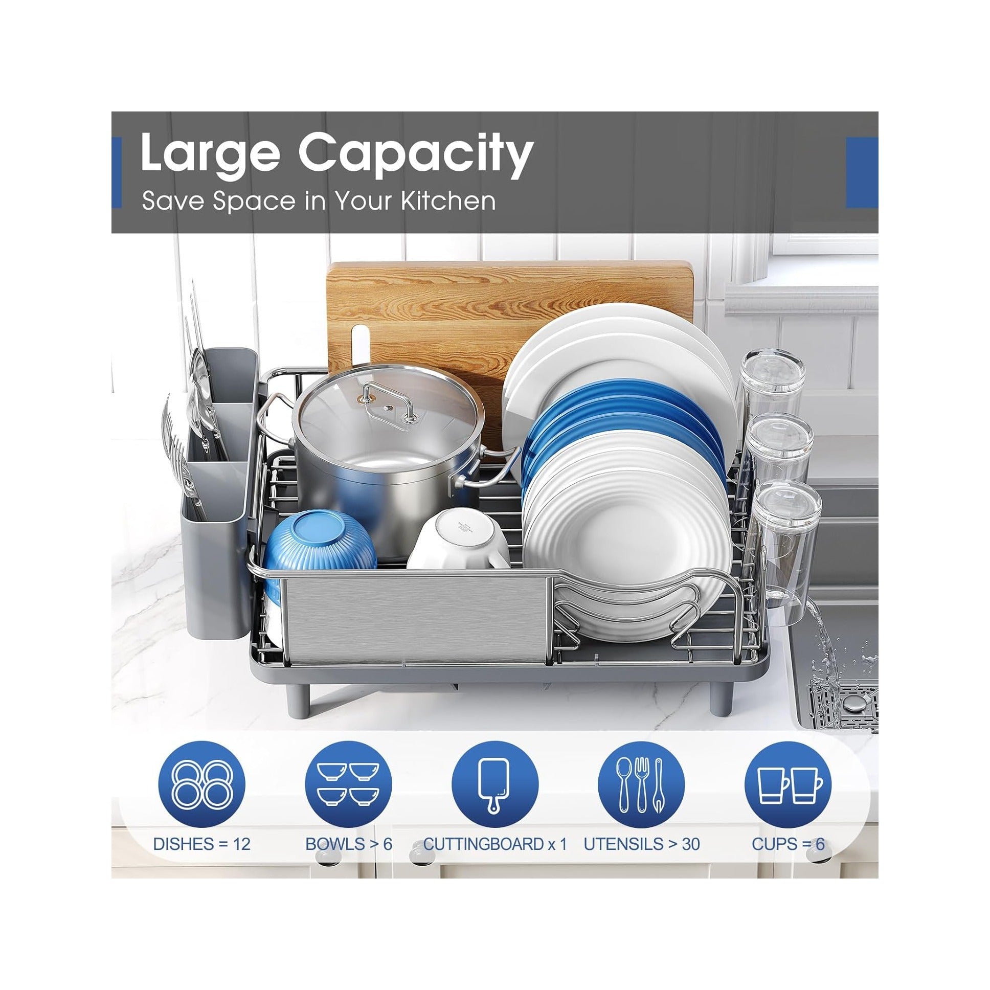 Stainless Steel Dish Drying Rack - Large Capacity Kitchen Counter Organizer with Drain Board, Utensil Holder & Detachable Cup Shelf, 304 Surgical-Grade Rust-Proof Dish Drainer, Easy Assembly