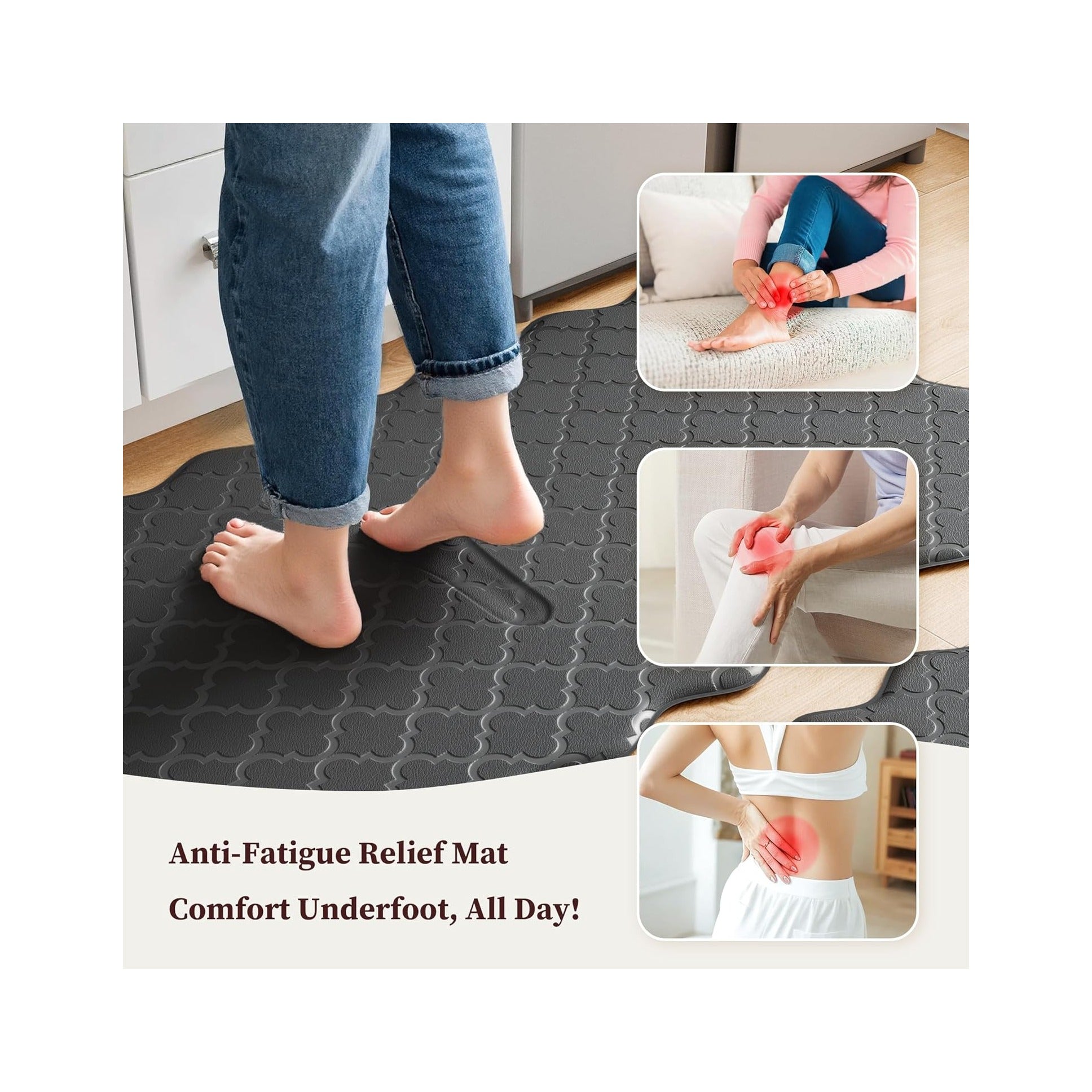 Upgrade Scalloped Embossed Kitchen Mats for Floor 2PCS Cushioned Anti Fatigue Waterproof Foam Kitchen Rugs Non Slip Washable Comfort Standing Mat for Office Sink Laundry, Black