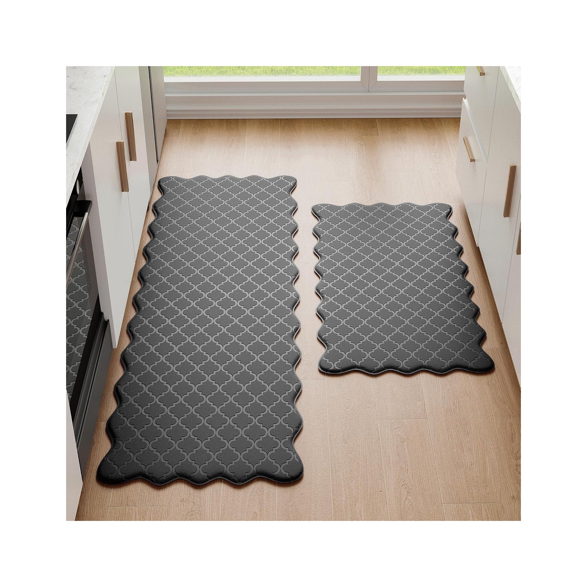 Upgrade Scalloped Embossed Kitchen Mats for Floor 2PCS Cushioned Anti Fatigue Waterproof Foam Kitchen Rugs Non Slip Washable Comfort Standing Mat for Office Sink Laundry, Black