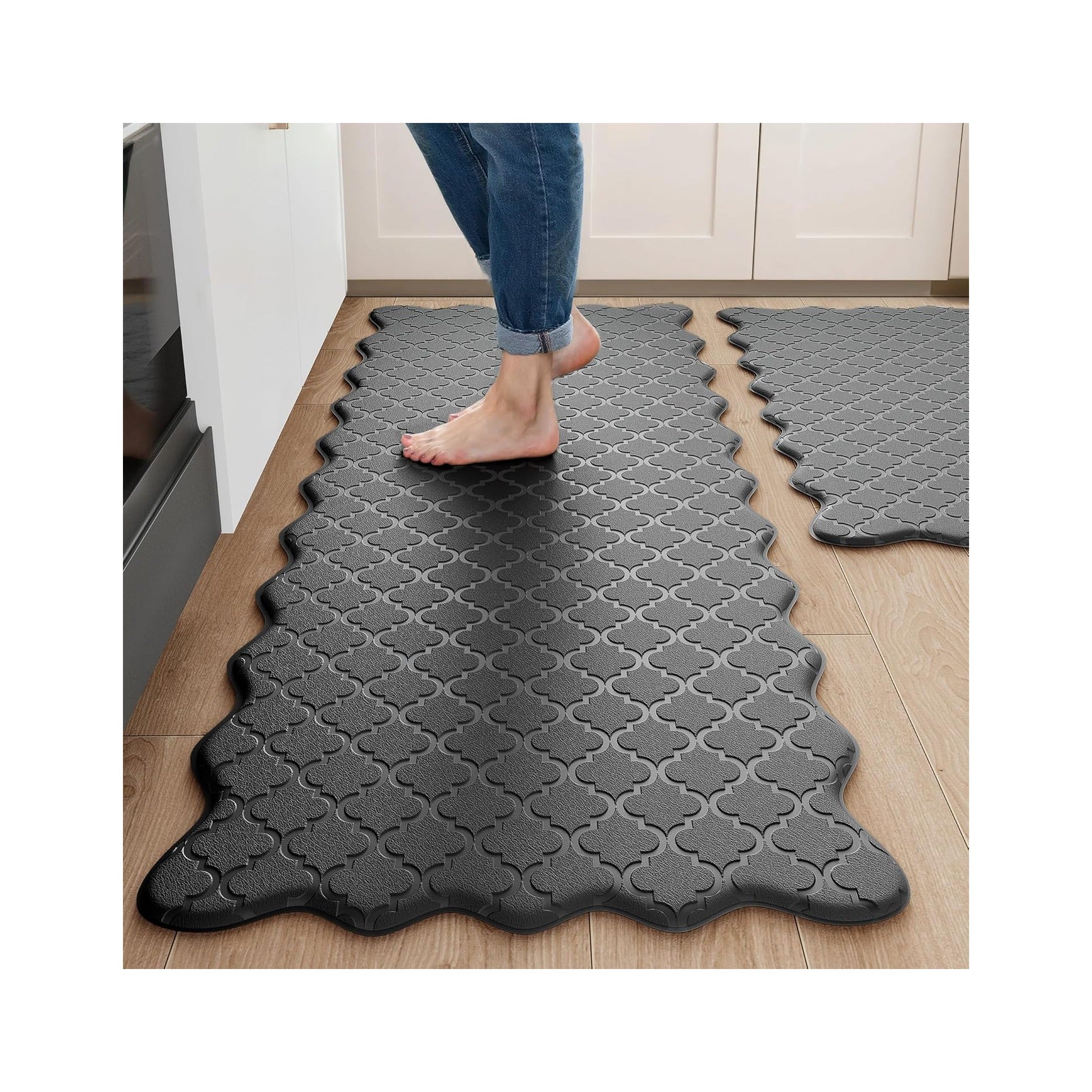 Upgrade Scalloped Embossed Kitchen Mats for Floor 2PCS Cushioned Anti Fatigue Waterproof Foam Kitchen Rugs Non Slip Washable Comfort Standing Mat for Office Sink Laundry, Black