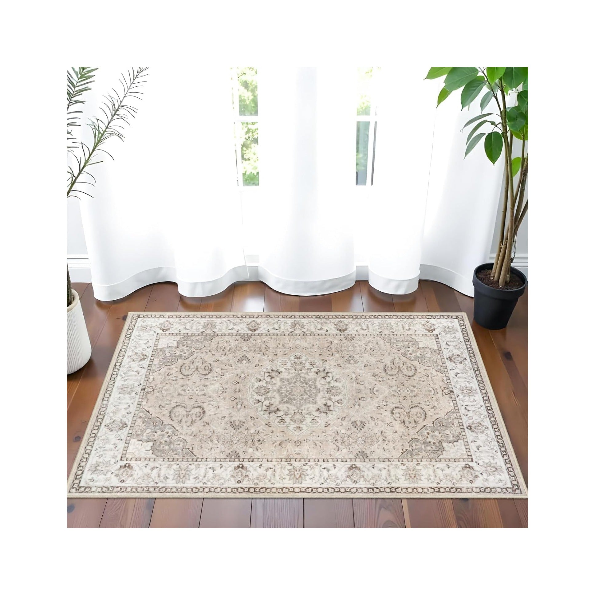 Washable 2x3 Entryway Area Rug - Neutral Kitchen Rug Runner Vintage Soft Floor Mat Non Slip Indoor Farmhouse Carpet for Bathroom Living Room Bedroom